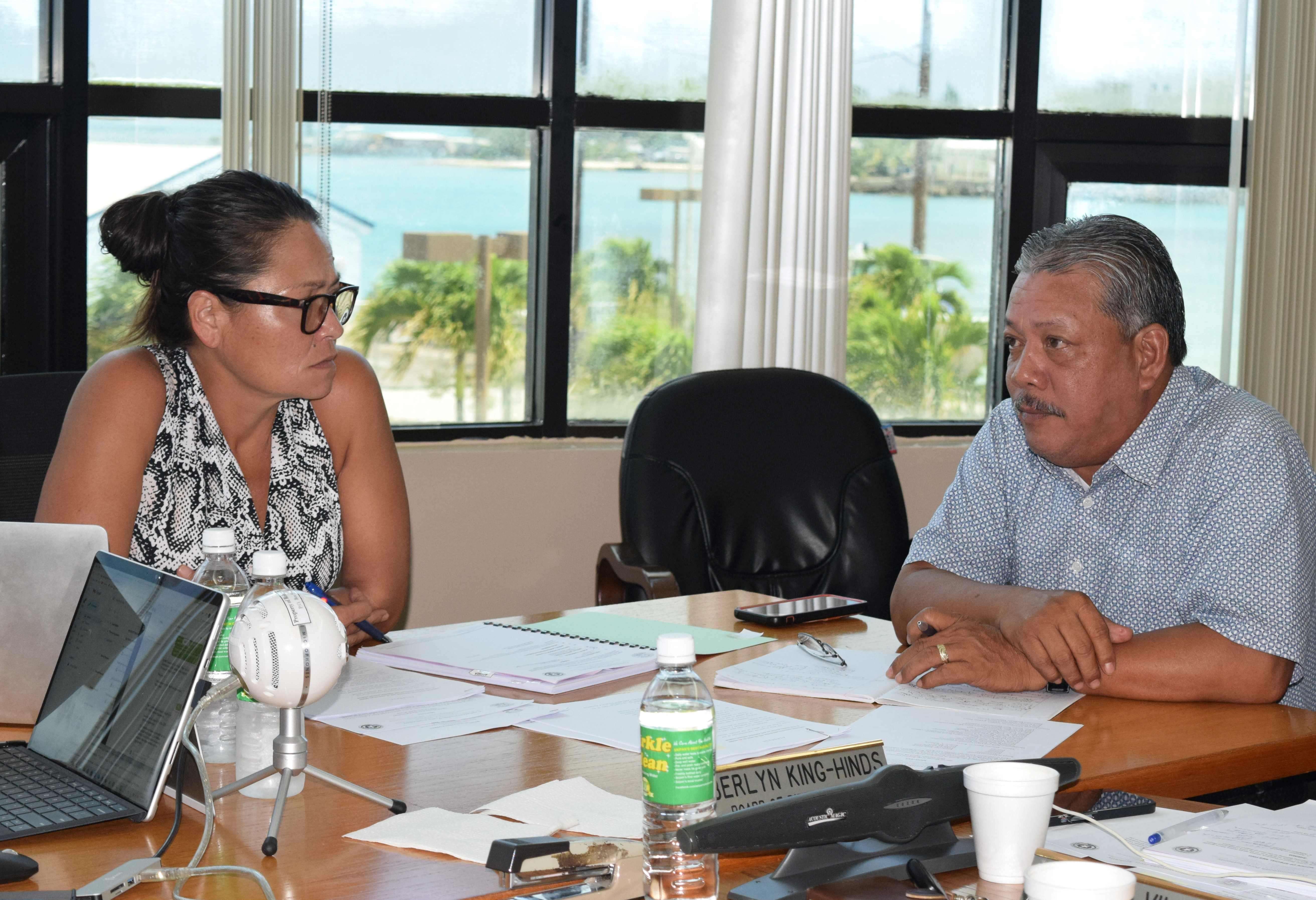 Tinian Mayor Edwin P. Aldan, right, with Commonwealth Ports Authority Board Chair Kimberlyn King-Hinds during the CPA board meeting on Tuesday.