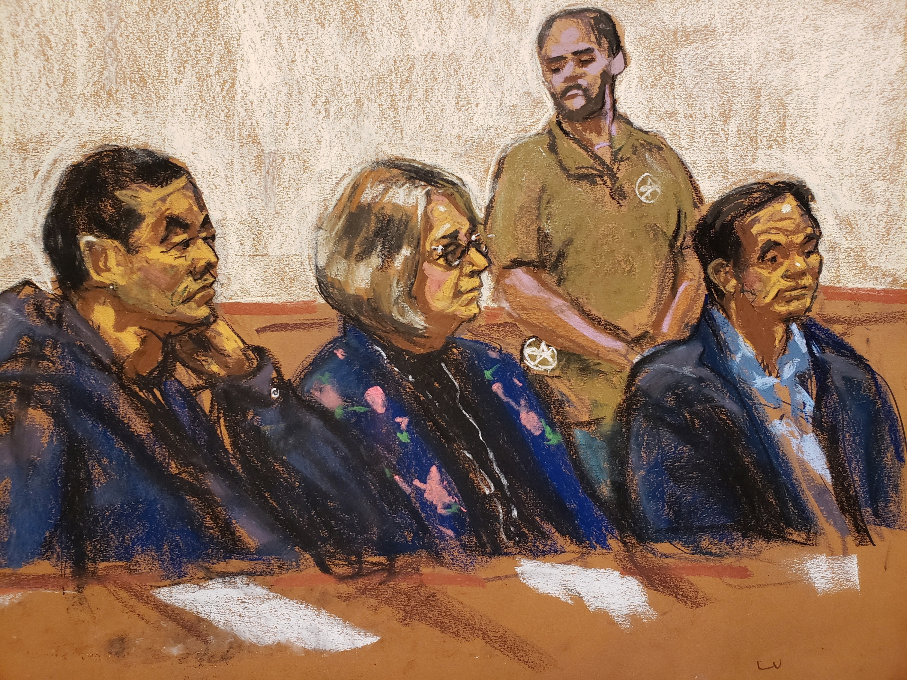 Chen Jinping and Lu Jianwang sit with attorney Susan Kellan after the two New York residents were arrested for allegedly operating a Chinese "secret police station" in Manhattan's Chinatown, part of a crackdown on Beijing's alleged targeting of U.S.-based dissidents, during a hearing at a Brooklyn courthouse in New York, U.S., April 17, 2023 in this courtroom sketch. REUTERS/Jane Rosenberg