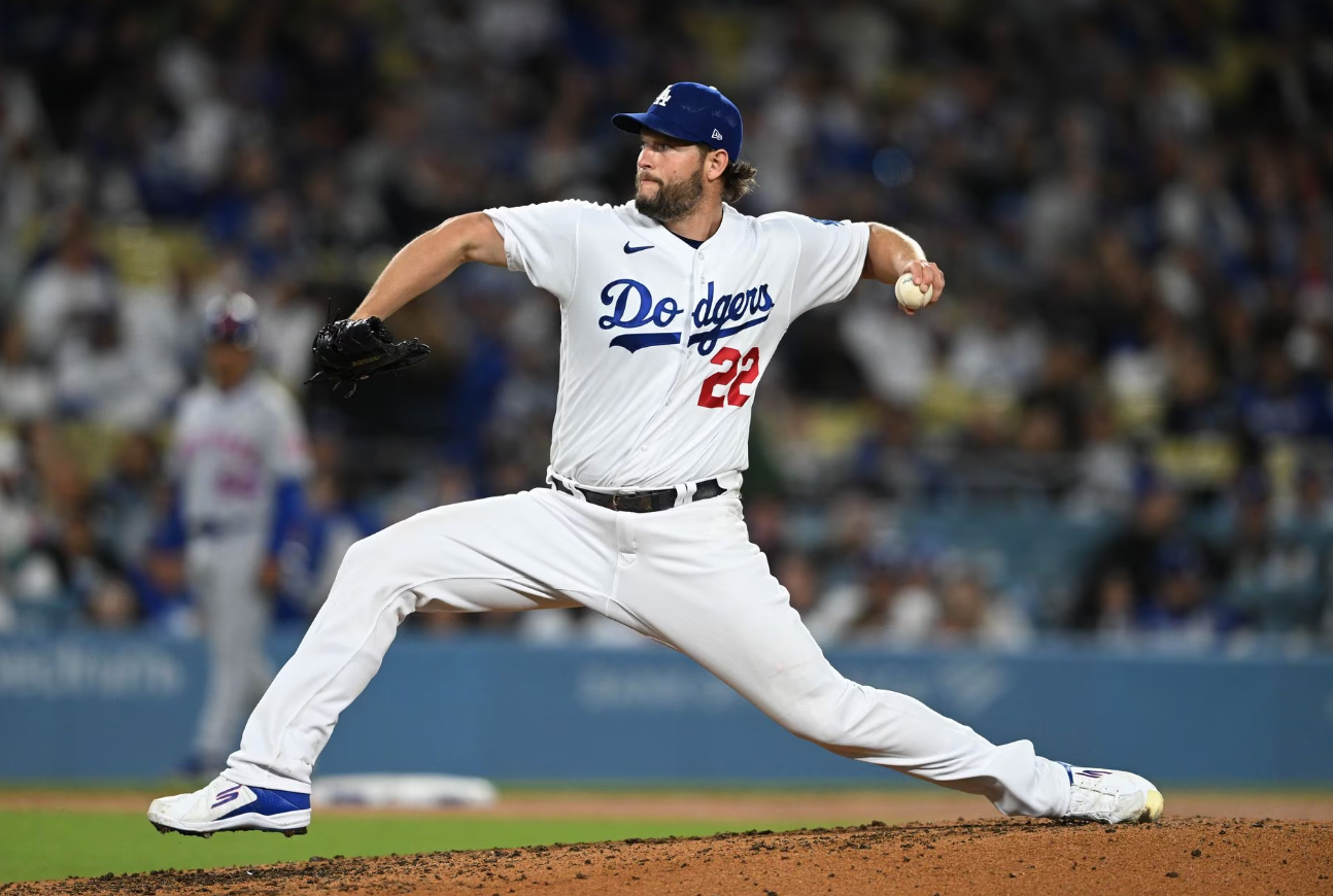 Los Angeles Dodgers starting pitcher Clayton Kershaw (22) on the mound in the seventh inning against the New York Mets at Dodger Stadium in Los Angeles, California, April 18, 2023.