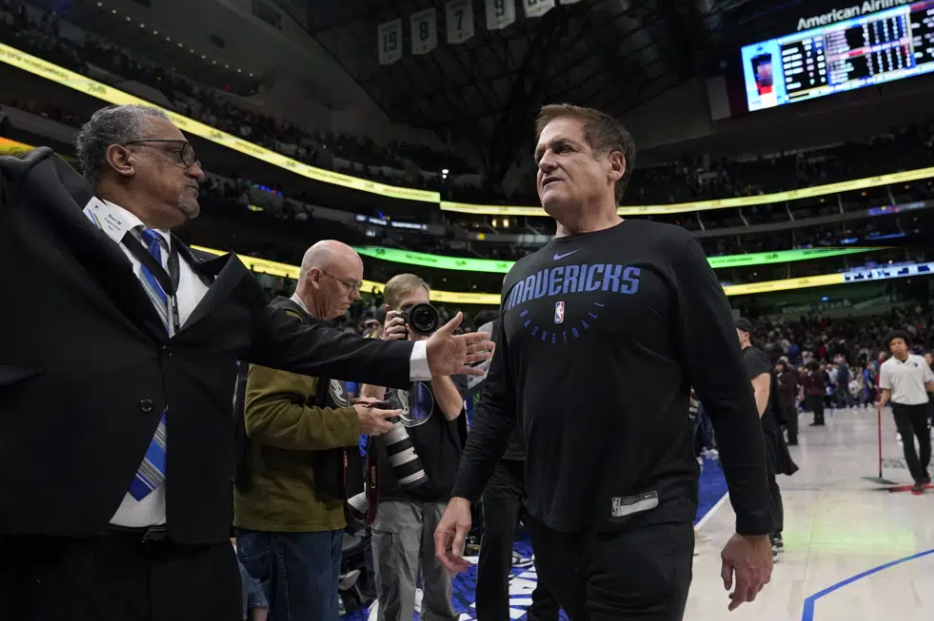 Dallas Mavericks team owner Mark Cuban walks off the court after an NBA basketball game against the Chicago Bulls, Friday, April 7, 2023, in Dallas.