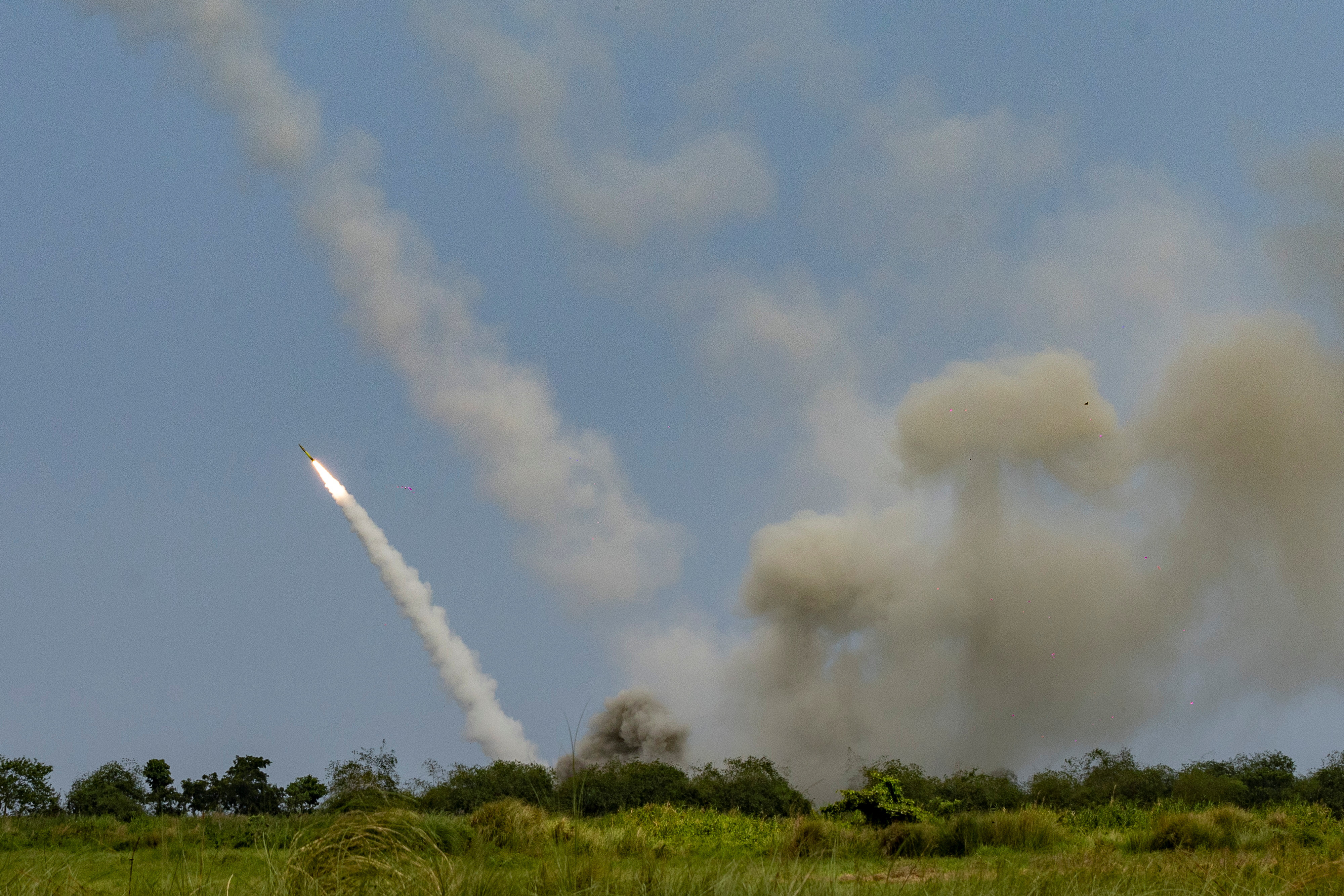 A high mobility artillery rocket system (HIMARS) is fired during a live fire exercise in the annual joint military exercises between U.S. and Philippine troops called "Balikatan" or shoulder-to-shoulder, held in San Antonio, Zambales province, Philippines, April 26, 2023. REUTERS/Eloisa Lopez