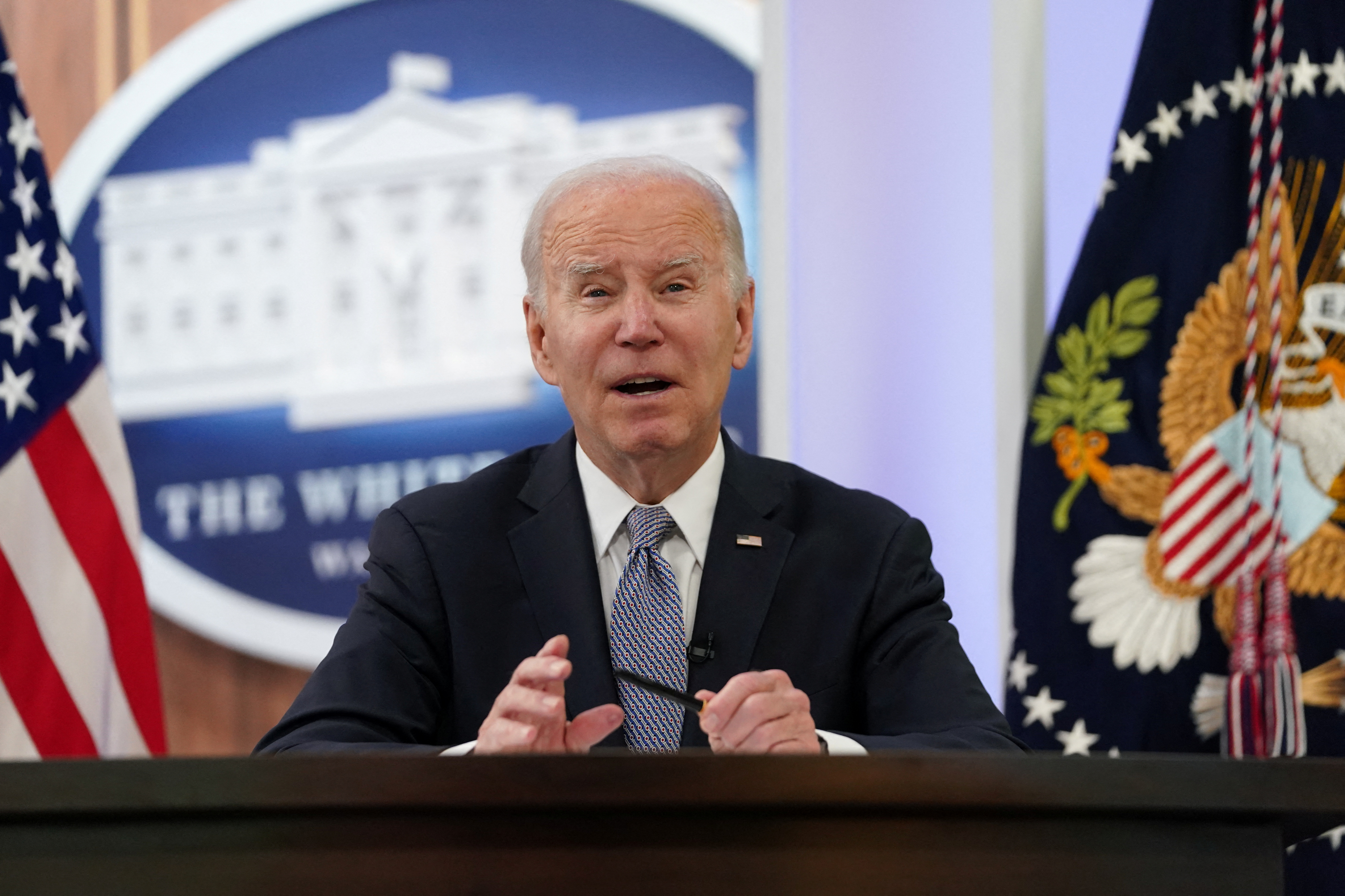 U.S. President Joe Biden convenes the fourth virtual leader-level meeting of the Major Economies Forum (MEF) on Energy and Climate at the White House in Washington, U.S., April 20, 2023. REUTERS/Kevin Lamarque