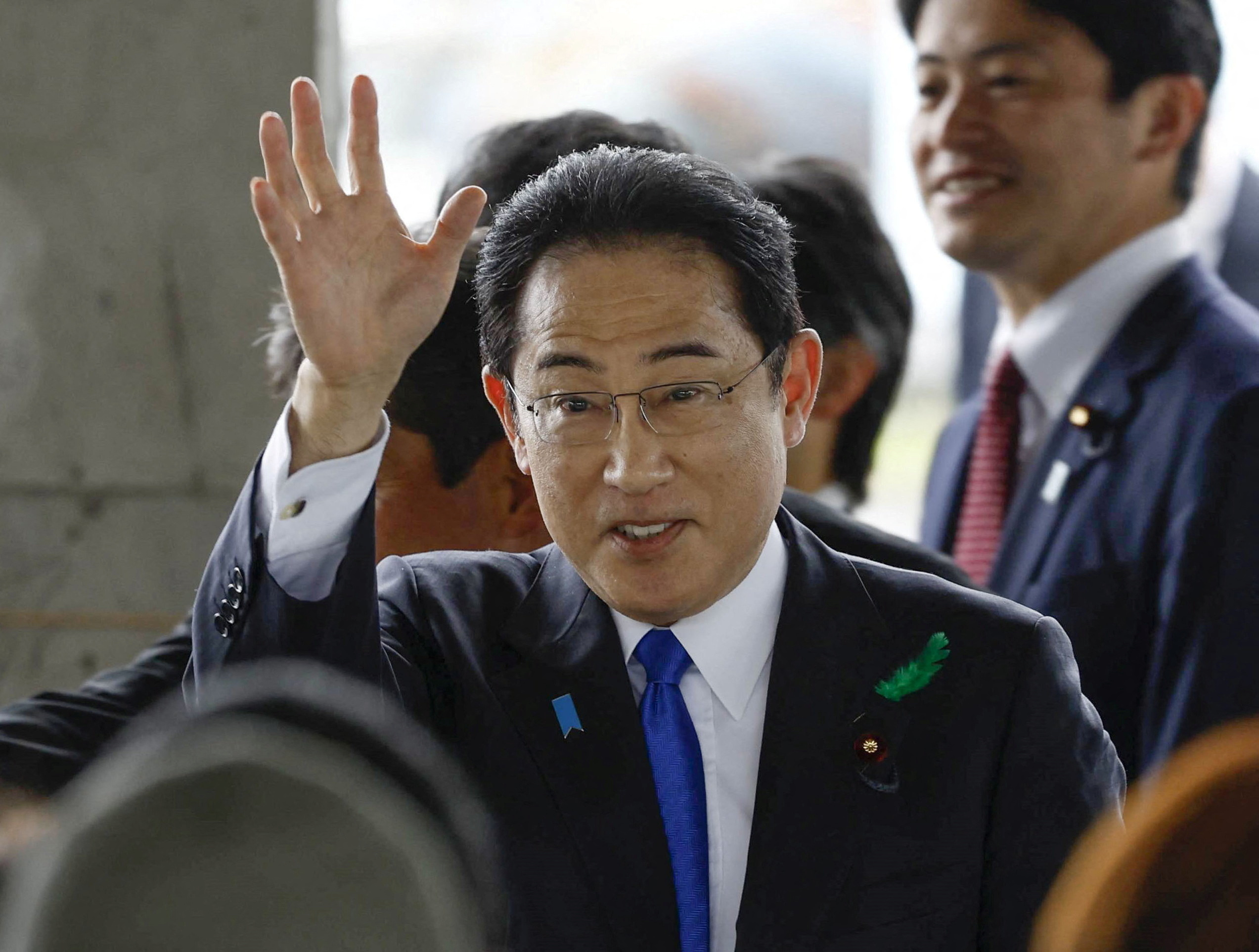 Japanese Prime Minister Fumio Kishida attends his outdoor speech at Saikazaki fishing port in Wakayama,Wakayama Prefecture, southwestern Japan. April 15, 2023, in this photo released by Kyodo.
