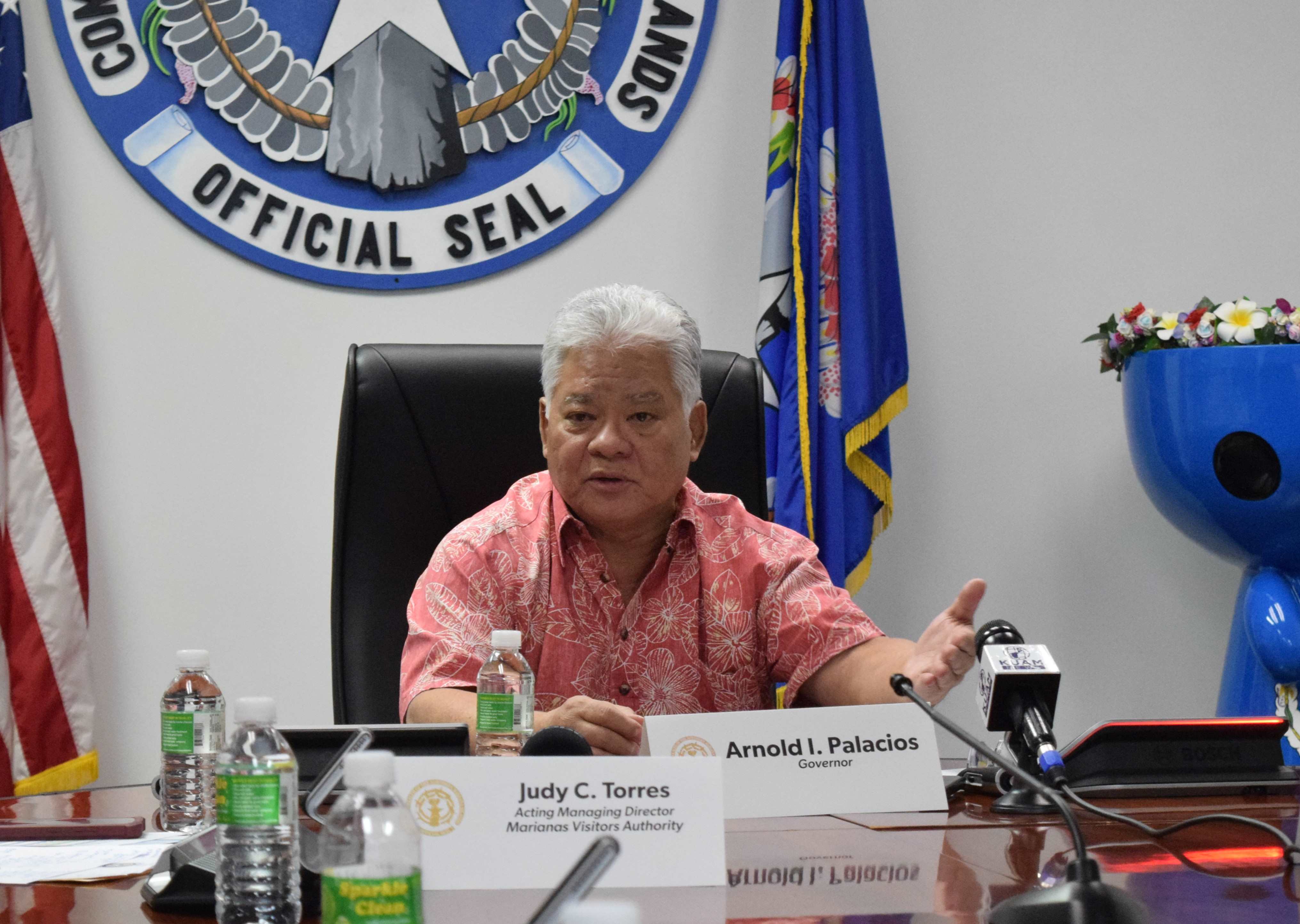Gov. Arnold I. Palacios speaks during a press conference on Tuesday in the conference room of the administration building on Capital Hill.