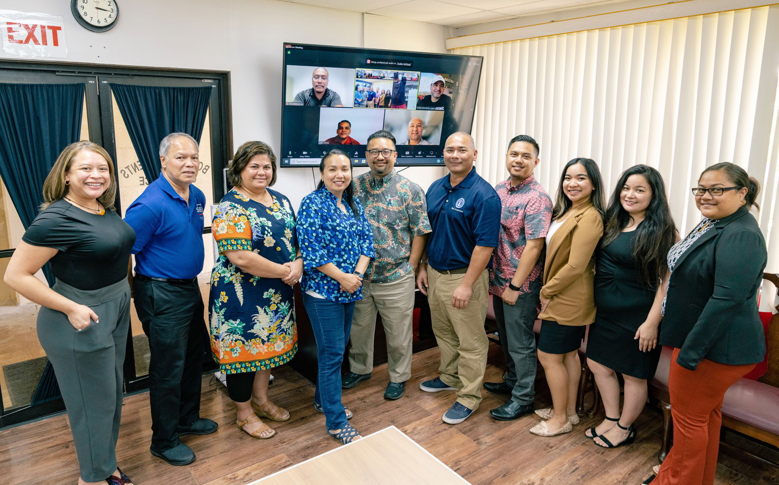 From left, Nadine Deleon Guerrero (CNMI SBDC Network director), Kenneth Lujan (SBA Guam branch manager), Cecilia T. Fitial (president, Commonwealth Women's Association), Dr. Barbara Hunter (interim director, NMC School of Business), Dave Guerrero (economic development manager, Commonwealth Economic Development Authority), Kioshi Cody (acting director of economic development, CNMI Department of Commerce), Roman Tudela (CNMI SBDCN marketing manager/outreach specialist), Charmaine Hofschneider (CNMI SBDCN administrative office manager), Mercilynn Palec (CNMI SBDC associate network director), Adelpha Magofna (CNMI SBDCN administrative office manager). Individuals who attended the meeting via Zoom: Benjamin Huk Borja (Tinian SBDC director/business advisor), Phillip Mendiola-Long (president, Tinian Chamber of Commerce); bottom, from left: Allen Perez (chief of staff, Office of the Mayor of Tinian) and Joe C. Guerrero (president, Saipan Chamber of Commerce).