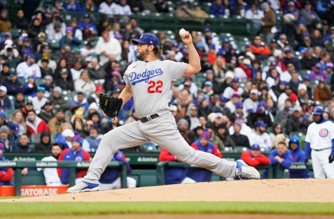 Los Angeles Dodgers starting pitcher Clayton Kershaw (22) throws the ball against the Chicago Cubs during the first inning at Wrigley Field in Chicago, Illinois, April 23, 2023.
