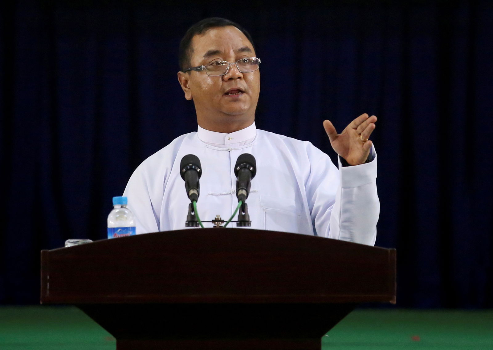 FILE PHOTO: Myanmar's military junta spokesman Zaw Min Tun speaks during the information ministry's press conference in Naypyitaw, Myanmar, March 23, 2021. REUTERS/Stringer/File Photo