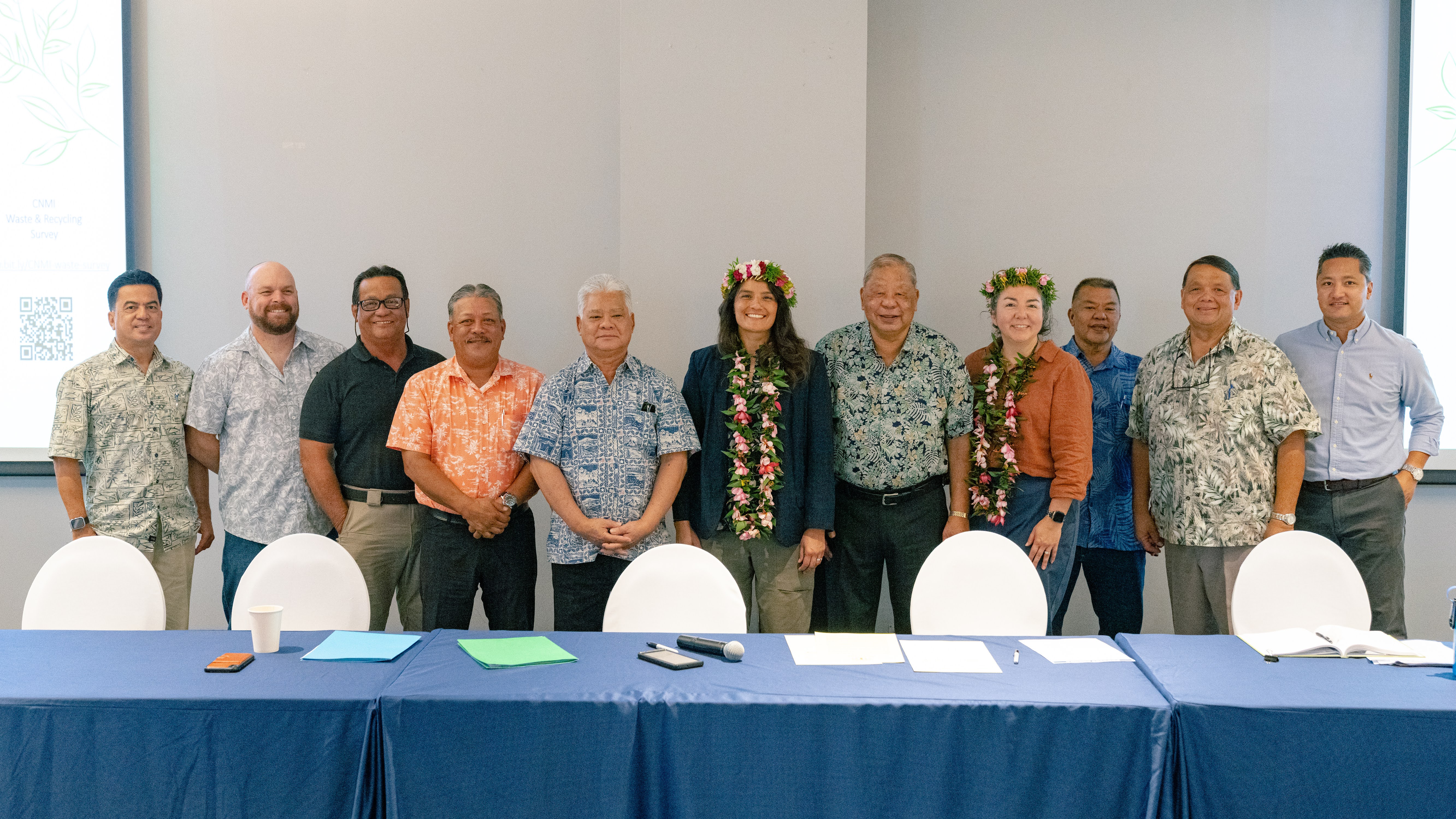 Joining Gov. Arnold I. Palacios and Lt. Gov. David M. Apatang for a group photo are, from left: Department of Public Works Acting Secretary Ray N. Yumul, U.S. Environmental Protection Agency  Pacific Islands Office CNMI Lead Jared Vollmer, Saipan Mayor Ramon B. Camacho, Tinian Mayor Edwin P. Aldan, EPA Region 9 Administrator Martha Guzman, EPA Tribal, Intergovernmental, and Policy Division Director Laura Ebbert, DPW Solid Waste Management Division Director Blas T. Mafnas, Bureau of Environmental and Coastal Quality Administrator Eli D. Cabrera, and Office of Planning and Development Acting Director Christopher A. Concepcion.