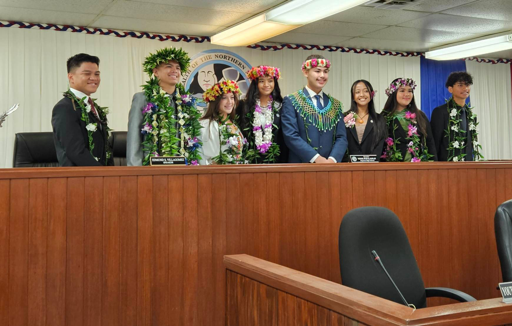 From left, Youth Sens. Ade Calvo, Ayden Yumul, Filomenaleonisa Iaokopo, Maili Peter, Youth Speaker Vinnie Juan Sablan, Youth Vice Speaker Fiona Bayot, Youth Sens. Ysabella Palacios and Mickyiel Josh Cabrera in the Senate chamber on Saturday.