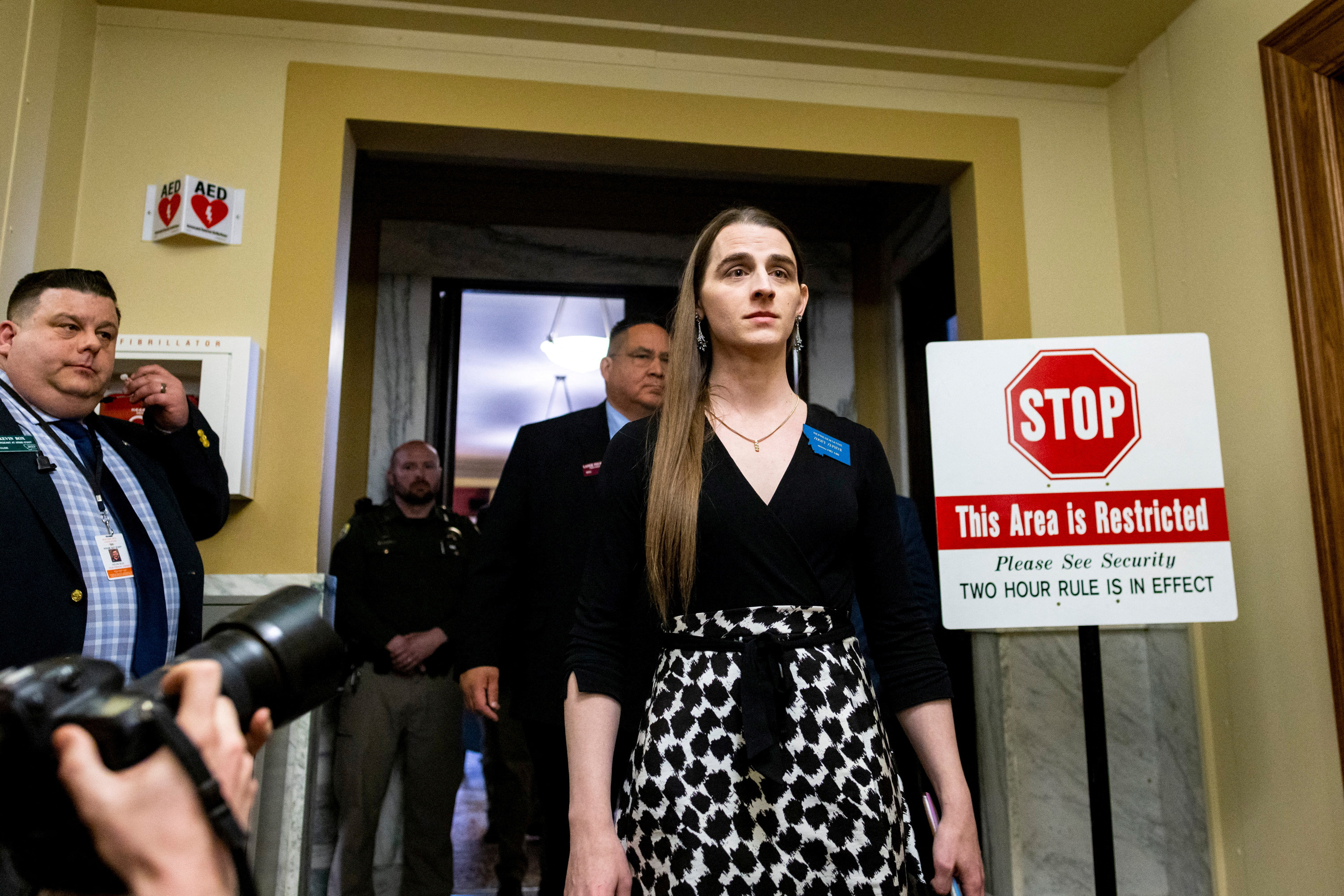 Montana State Representative Zooey Zephyr leaves the House chamber after a motion to bar her passed, at the Montana State Capitol in Helena, Montana, U.S. April 26, 2023. Rep. Zephyr will still be able to vote on bills remotely. REUTERS/Mike Clark