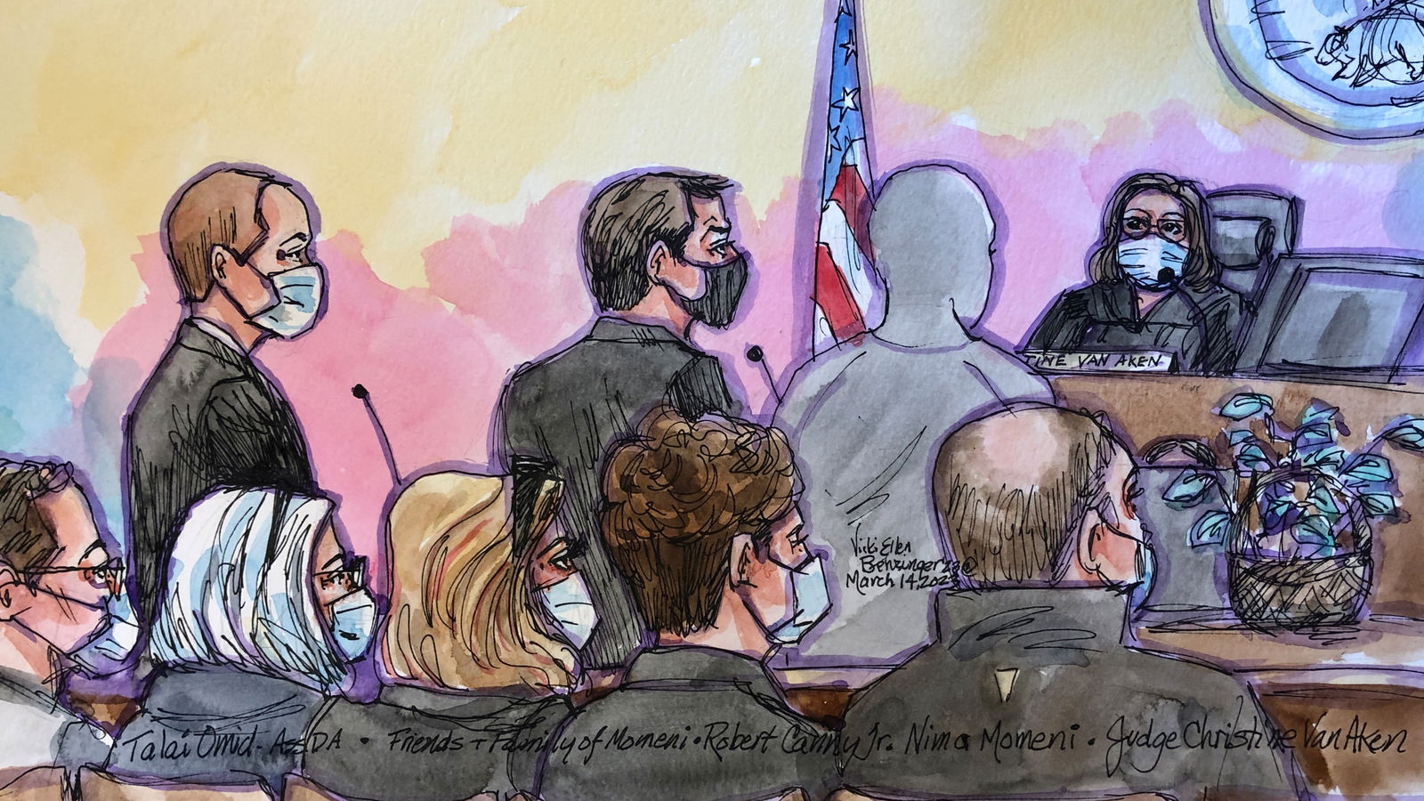 Nima Momeni, the 38-year-old founder of software company Expand IT, appears before Judge Christine Van Aken, accused of the stabbing murder of Cash App founder Bob Lee in a courtroom sketch in San Francisco, California, U.S. April 14, 2023. Judge Van Aken ordered that Momeni be portrayed in sketches as unidentifiable to the public and jury pool. REUTERS/Vicki Behringer