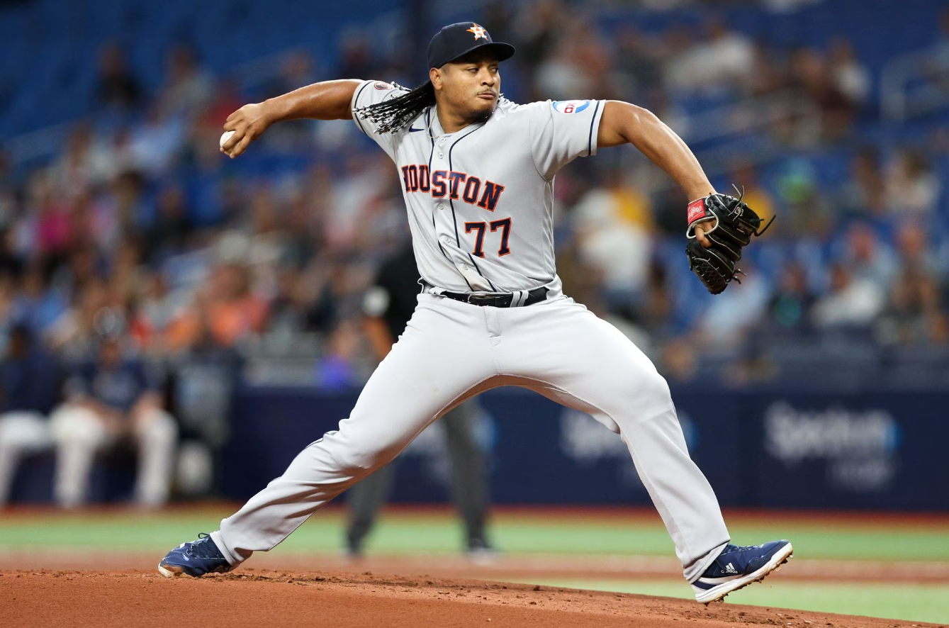 Houston Astros starting pitcher Luis Garcia (77) throws a pitch against the Tampa Bay Rays in the first inning at Tropicana Field in St. Petersburg, Florida,  April 25, 2023.
