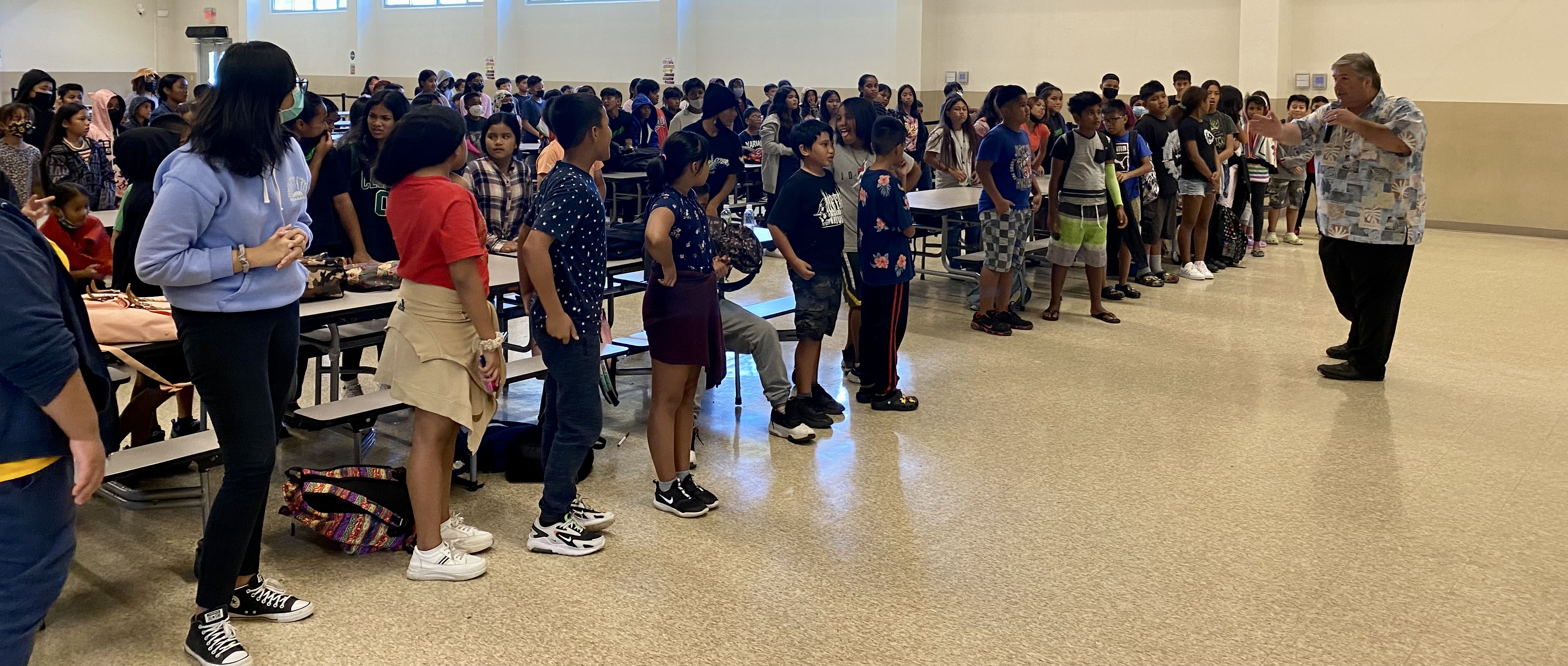 Marianas Tourism Education Council Board Member Glenn Policare engages students of Koblerville Elementary at the educational outreach presentation of MTEC and the Marianas Visitors Authority on March 28, 2023, at the school.