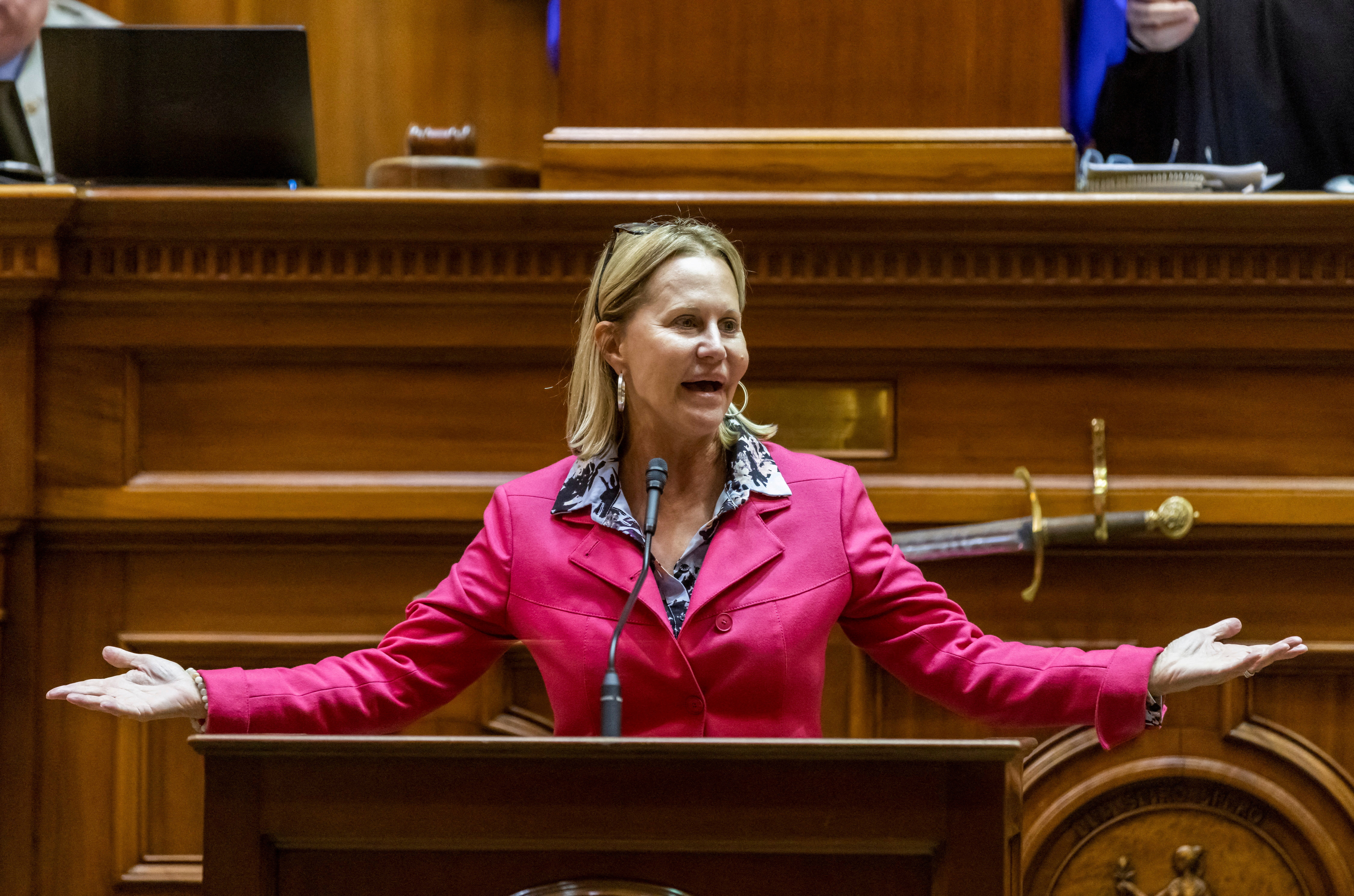FILE PHOTO: South Carolina State Senator Sandy Senn makes a last minute argument shortly before the Senate passed a new ban on abortion at the state legislature in Columbia, South Carolina, U.S. September 8, 2022. 