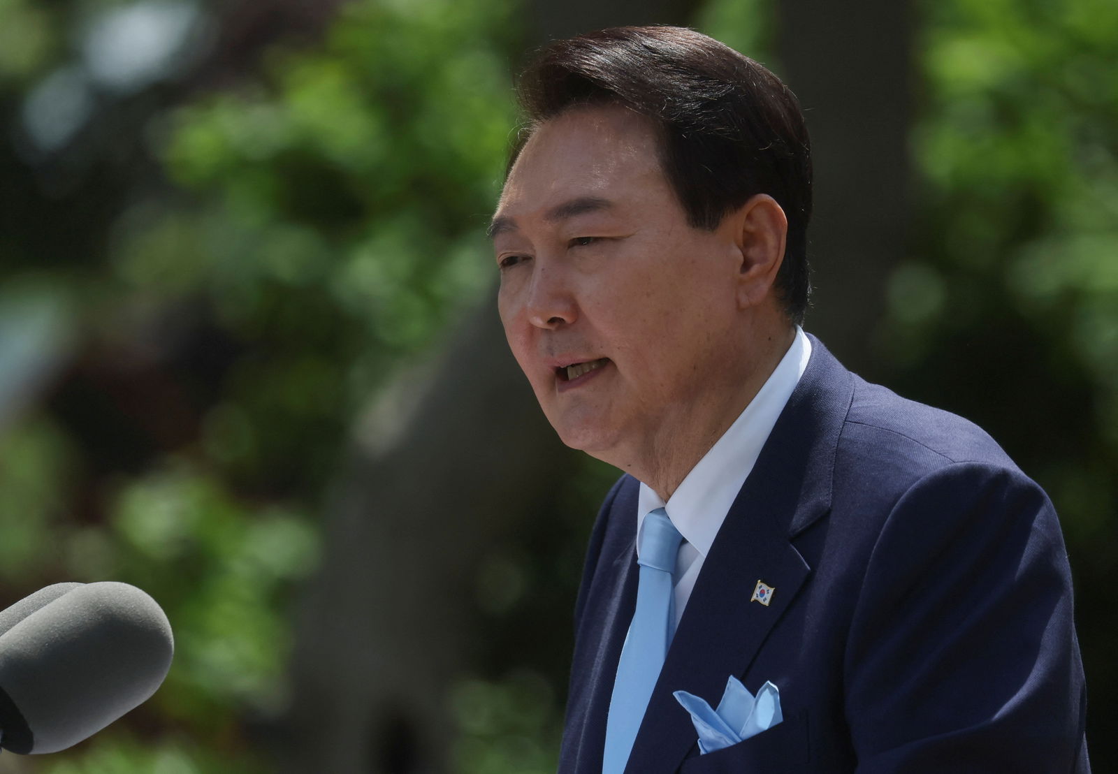 South Korea's President Yoon Suk Yeol speaks during a joint news conference with U.S. President Joe Biden in the Rose Garden of the White House in Washington, U.S. April 26, 2023. REUTERS/Leah Millis