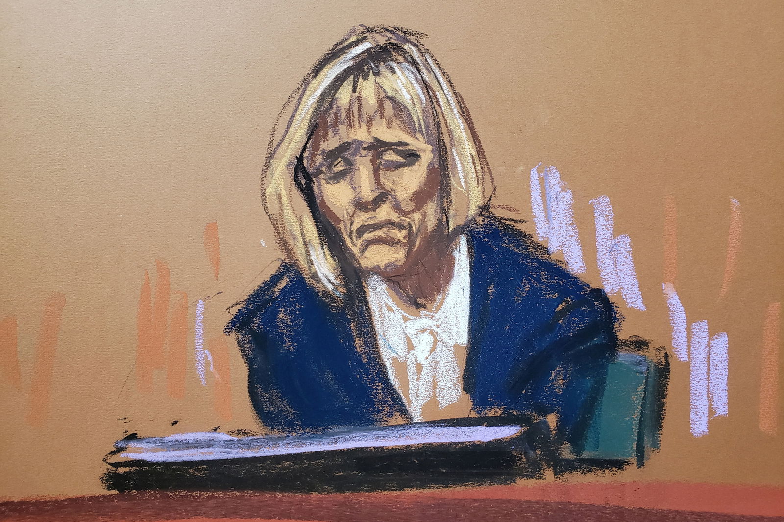 Former Elle magazine advice columnist E. Jean Carroll reacts on the stand during a civil trial to decide whether former U.S. President Donald Trump raped Carroll in a Bergdorf Goodman department store dressing room in the mid-1990s, and defamed her by denying it happened, in New York, U.S., April 26, 2023 in this courtroom sketch. REUTERS/Jane Rosenberg