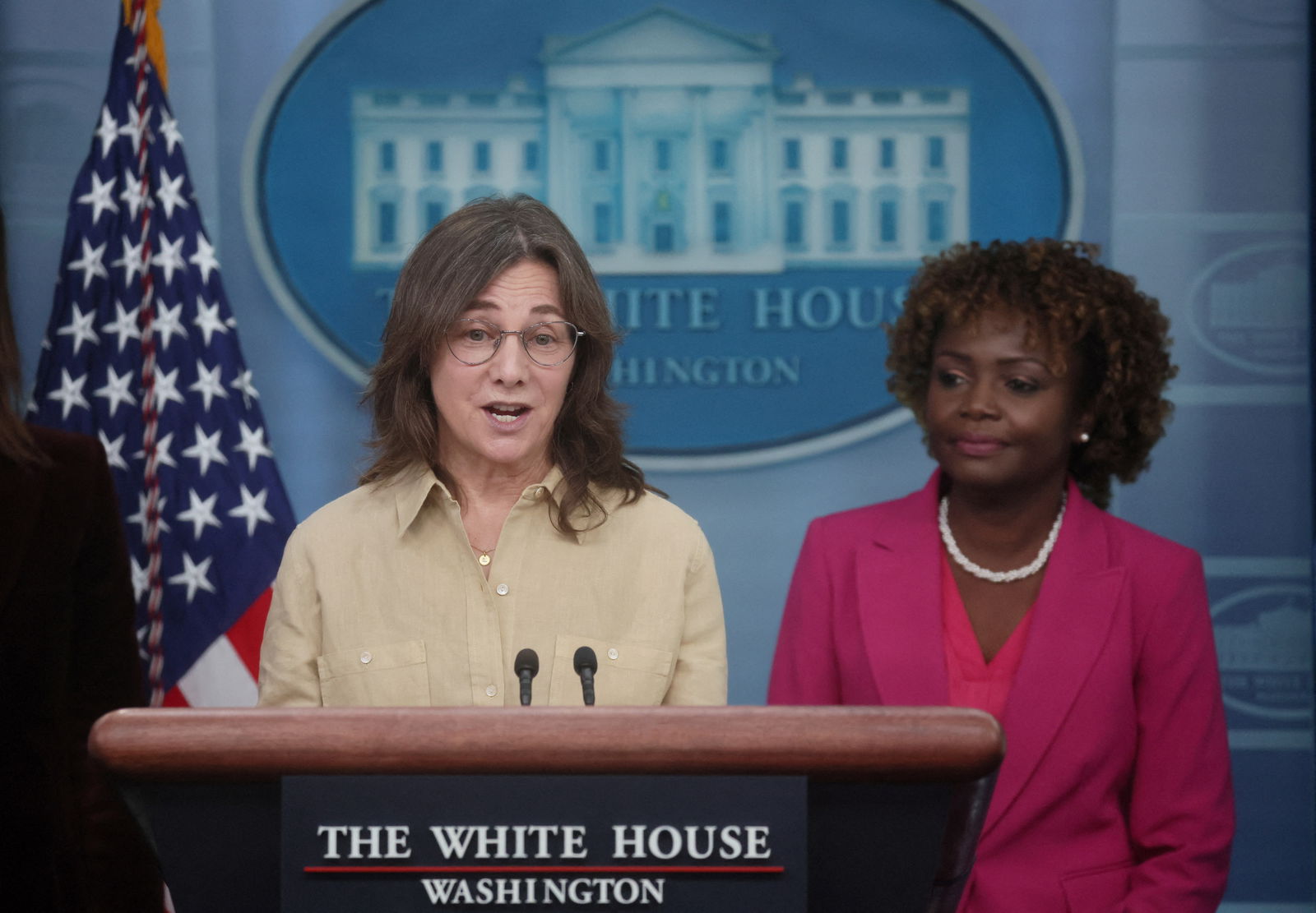 Co-creator Ilene Chaiken of Showtime's TV show The L Word speaks about LGBTQIA rights to draw attention to Lesbian Visibility Week during a press briefing with White House Press Secretary Karine Jean-Pierre at the White House in Washington, U.S., April 25, 2023. REUTERS/Leah Millis