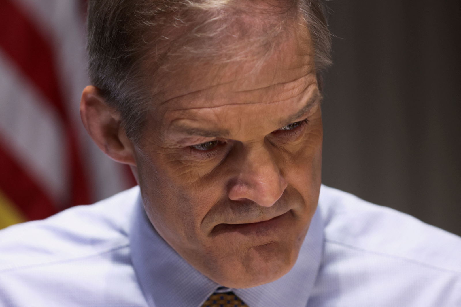 FILE PHOTO: U.S. Representative Jim Jordan (R-OH) reacts, during a House Judiciary Committee hearing "Victims of Violent Crime in Manhattan" that examines how Manhattan District Attorney Alvin Bragg's policies may have led to an increase in violent crime and created a dangerous community for residents in New York City, U.S., April 17, 2023. REUTERS/Shannon Stapleton/File Photo