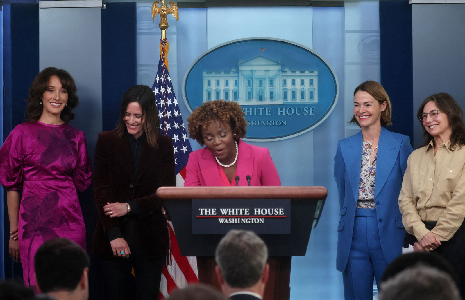 White House Press Secretary Karine Jean-Pierre hosts cast members from Showtime's The L Word, Jennifer Beals, Kate Moennig, Leisha Hailey and co-creator of the series Ilene Chaiken to draw attention to Lesbian Visibility Week during a press briefing at the White House in Washington, U.S., April 25, 2023. REUTERS/Leah Millis