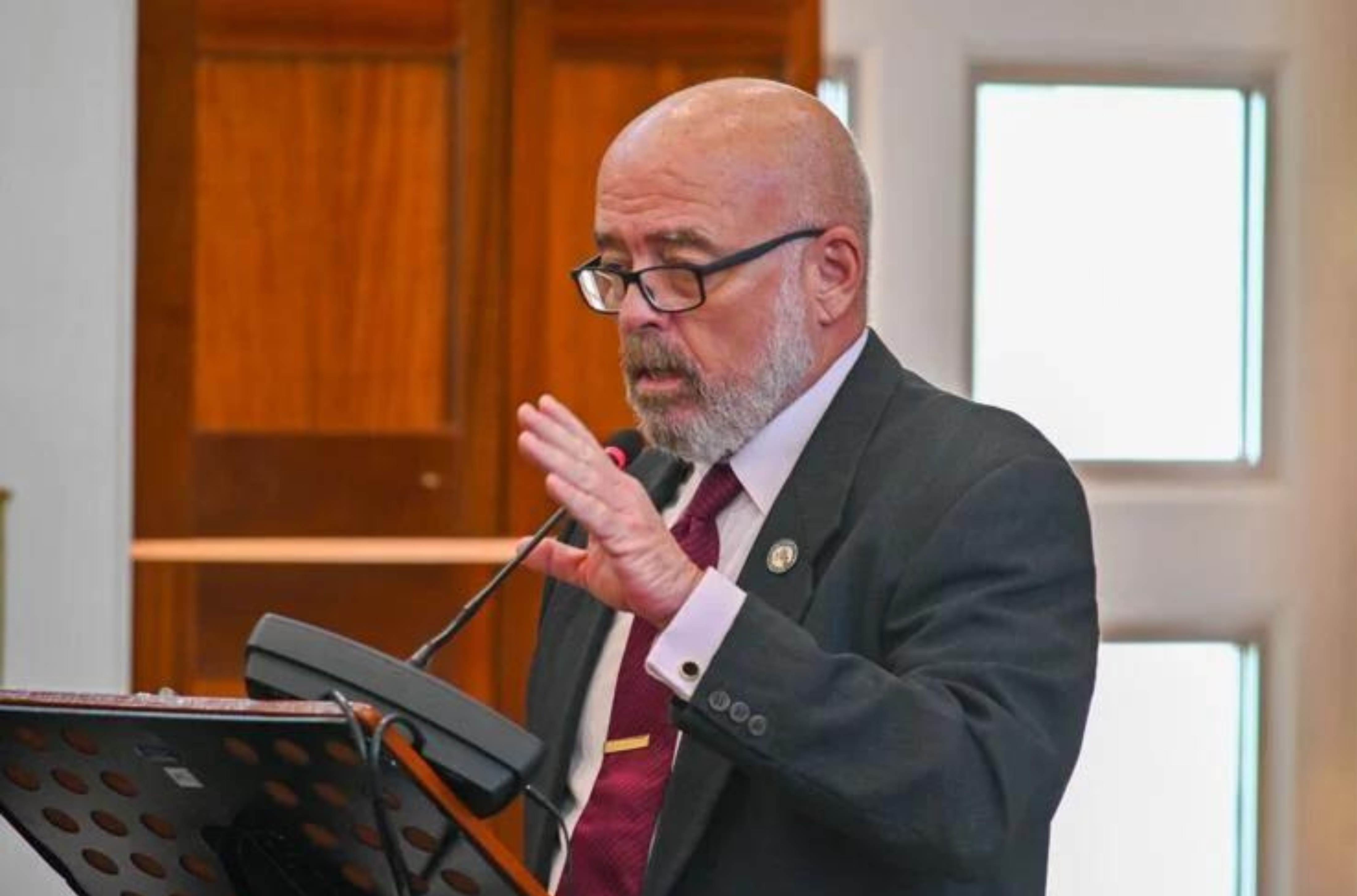 Sen. Thomas Fisher asks a question during session held Monday, April 24, 2023, at the Guam Congress Building in Hagåtña. He has introduced a bill that would let voters choose whether abortion is legal on the island.   