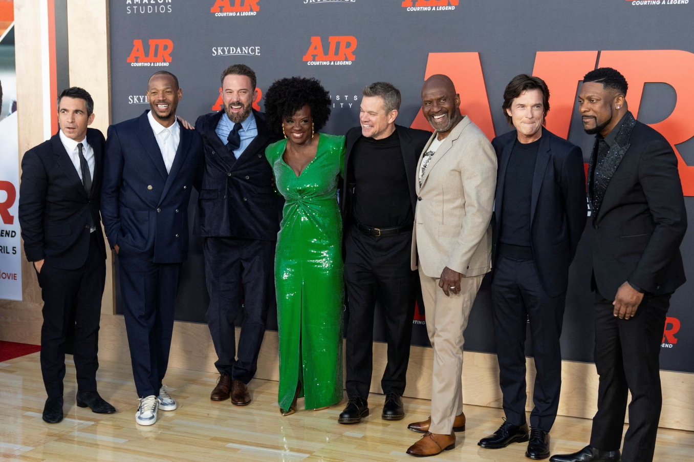 Chris Messina, Marlon Wayans, Ben Affleck, Viola Davis, Matt Damon, Julius Tennon, Jason Bateman, and Chris Tucker attend the world premiere of "Air" at Regency Village Theatre in Los Angeles, California, March 27, 2023.