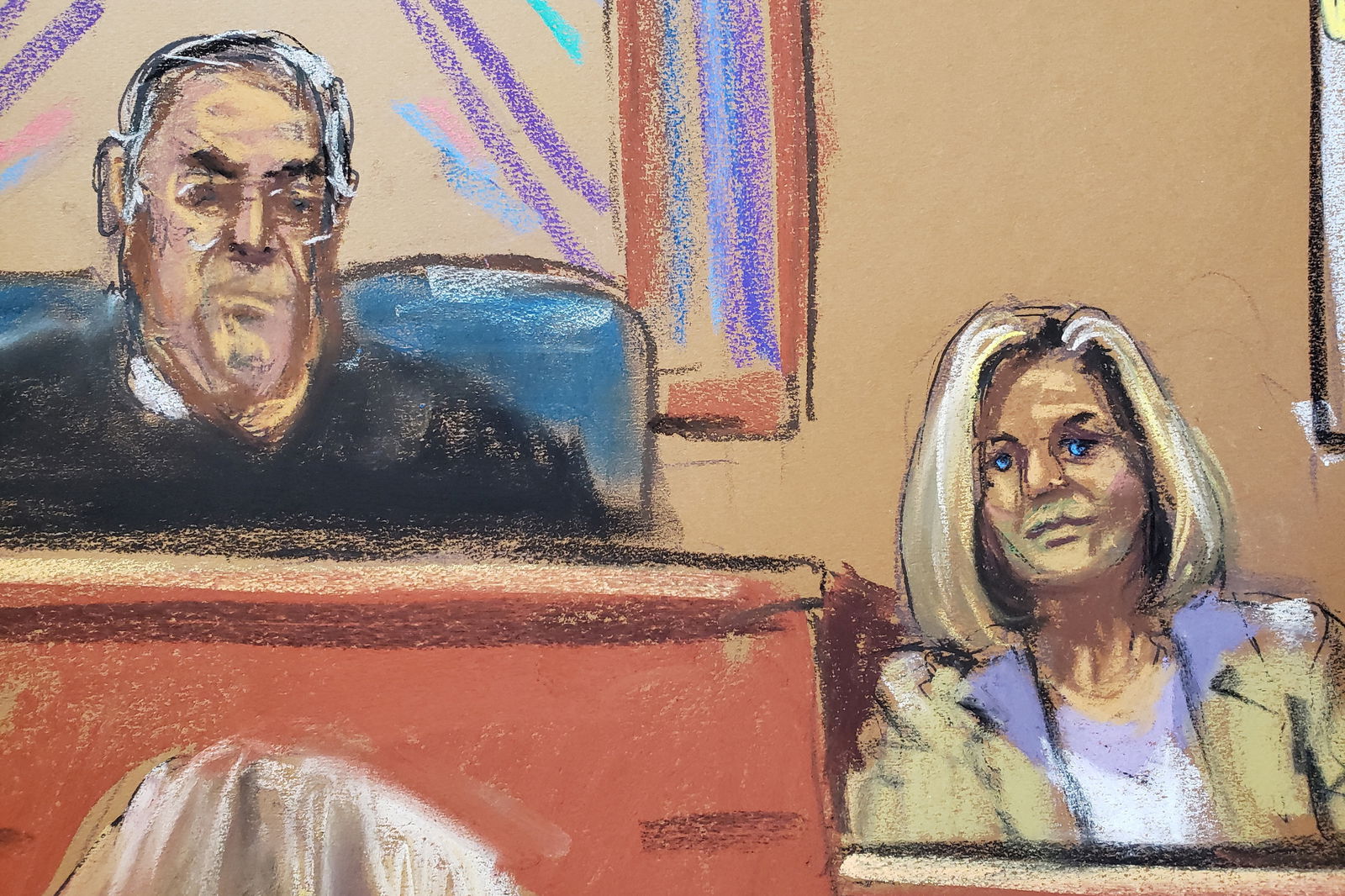 Former Bergdorf Goodman Women’s Store Manager Cheryl Beall answers questions next to U.S. District Judge Lewis Kaplan, during a civil trial to decide whether former U.S. President Donald Trump raped former Elle magazine advice columnist E. Jean Carroll in a Bergdorf Goodman department store dressing room in the mid-1990s, and defamed her by denying it happened, in New York, U.S., April 26, 2023 in this courtroom sketch. REUTERS/Jane Rosenberg