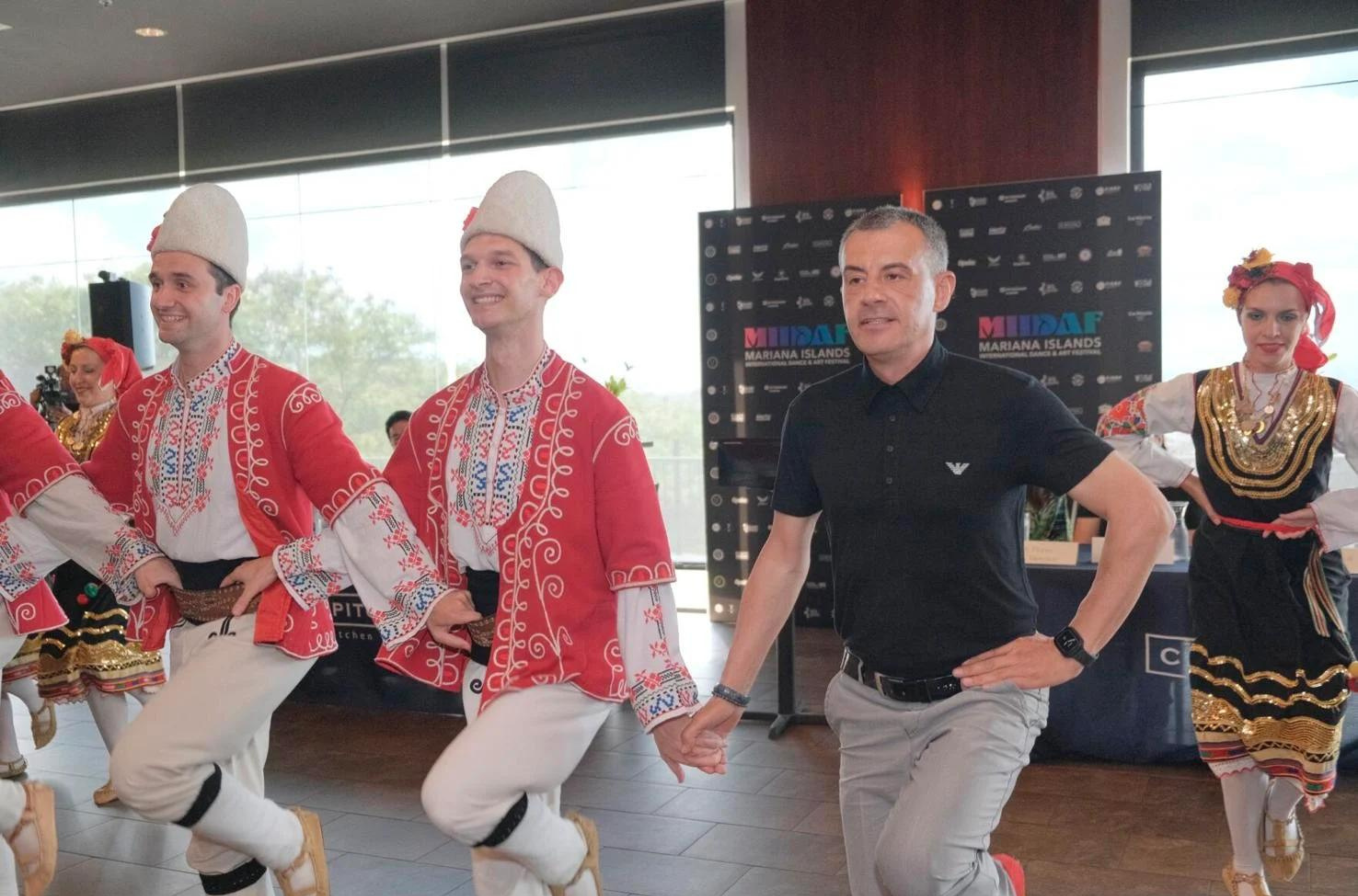 Bulgarian folk dancers Ensemble Sofia 6 perform Thursday at Capitol Kitchen during a press conference for the Mariana Islands International Dance and Art Festival.   