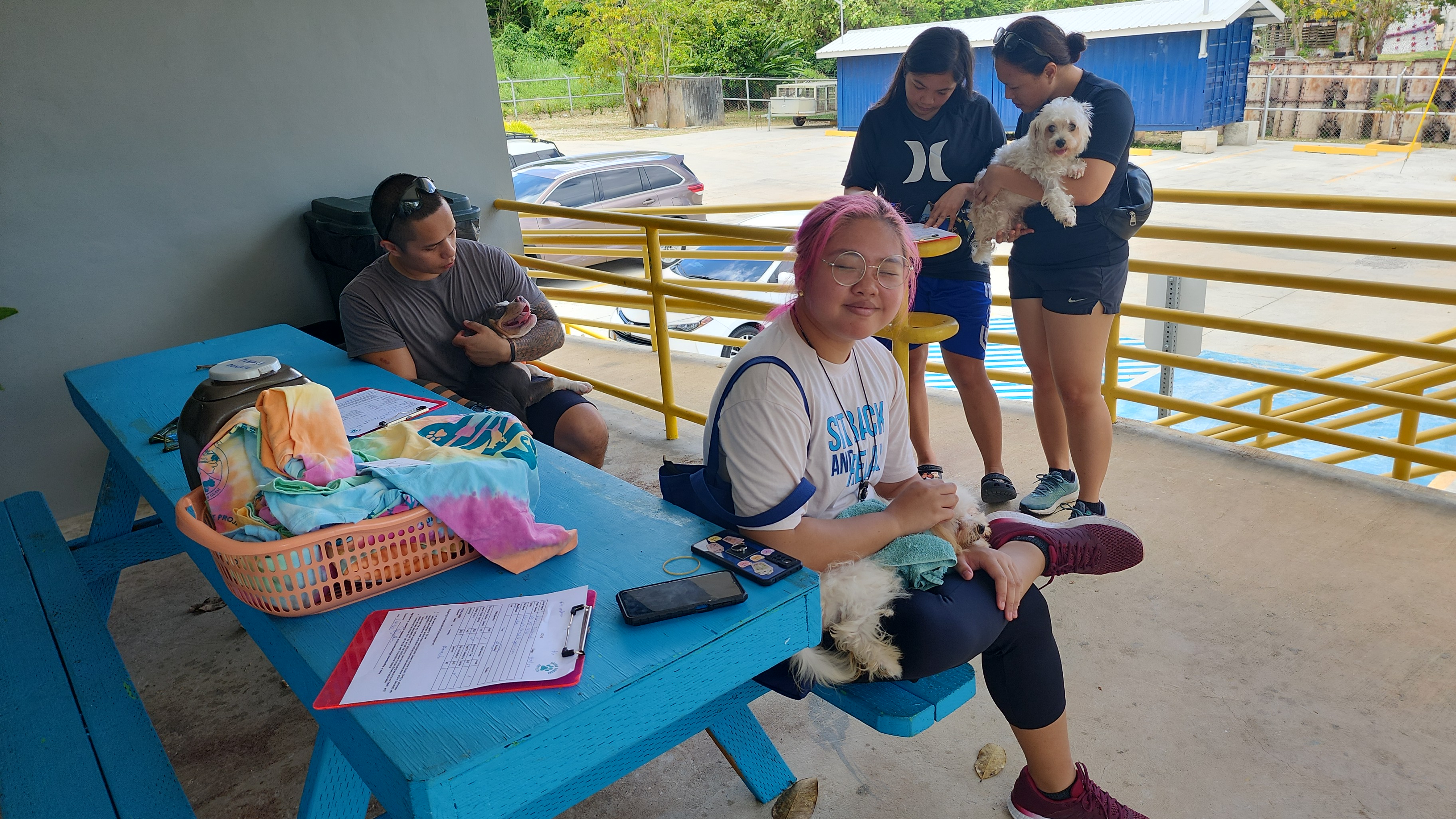 Pet owners and their dogs wait for their turn.