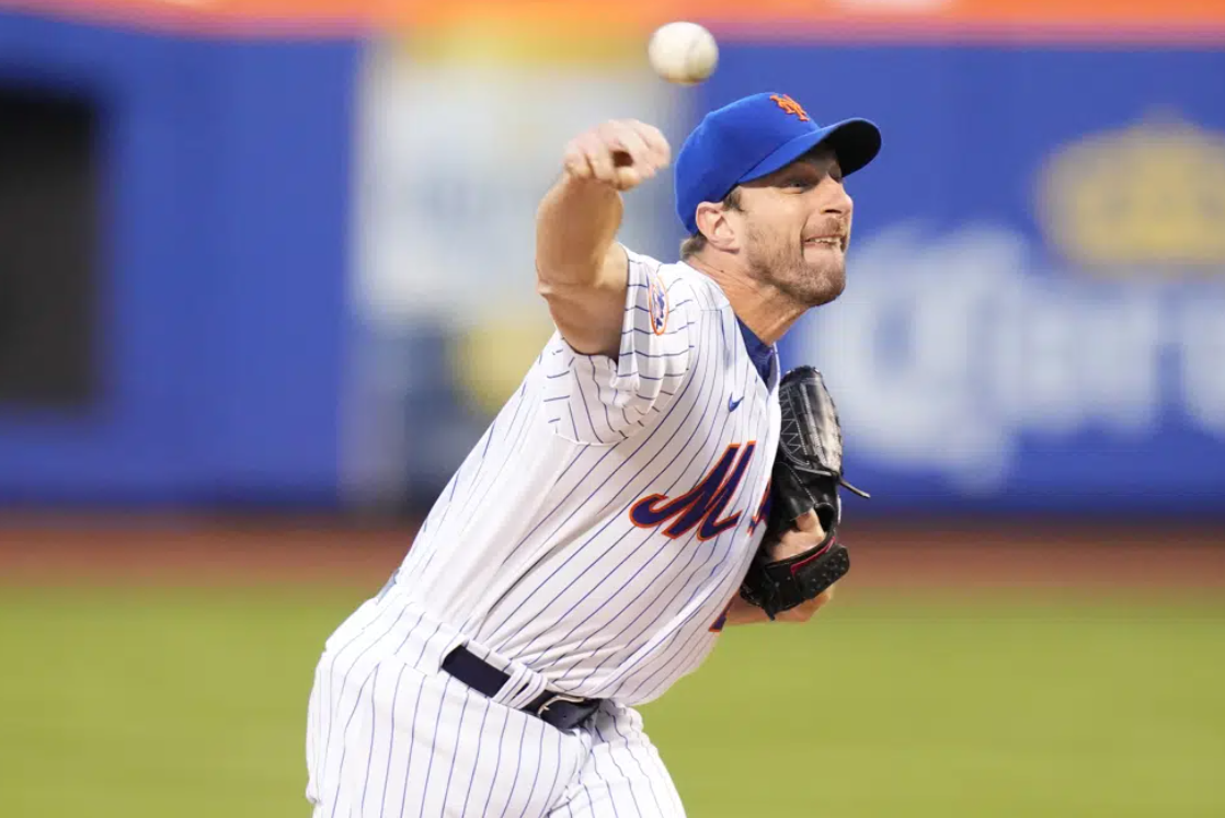 New York Mets' Max Scherzer pitches during the first inning of a baseball game against the San Diego Padres, Monday, April 10, 2023, in New York.