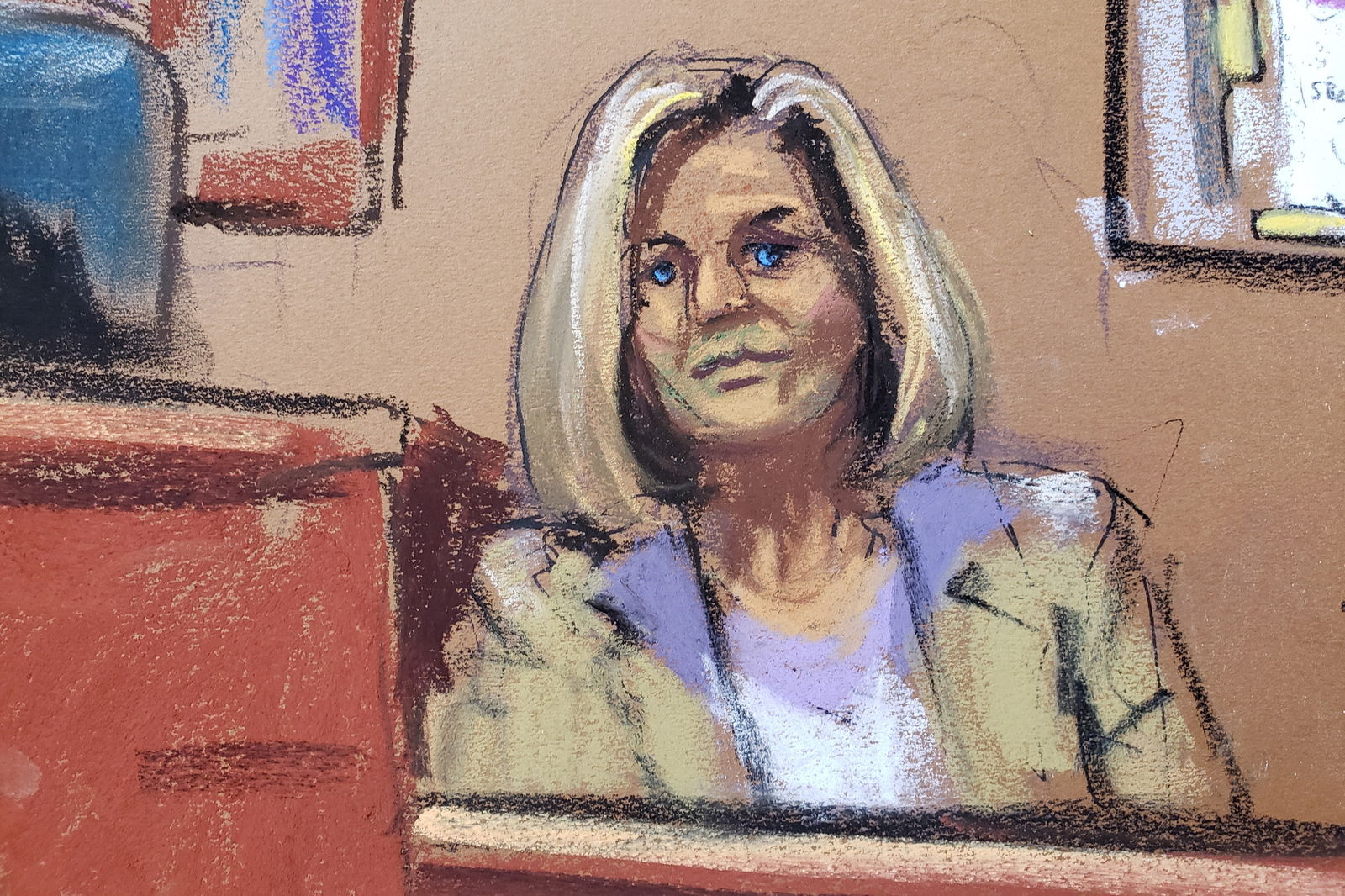 Former Bergdorf Goodman Women’s Store Manager Cheryl Beall answers questions during a civil trial to decide whether former U.S. President Donald Trump raped former Elle magazine advice columnist E. Jean Carroll in a Bergdorf Goodman department store dressing room in the mid-1990s, and defamed her by denying it happened, in New York, U.S., April 26, 2023 in this courtroom sketch. REUTERS/Jane Rosenberg