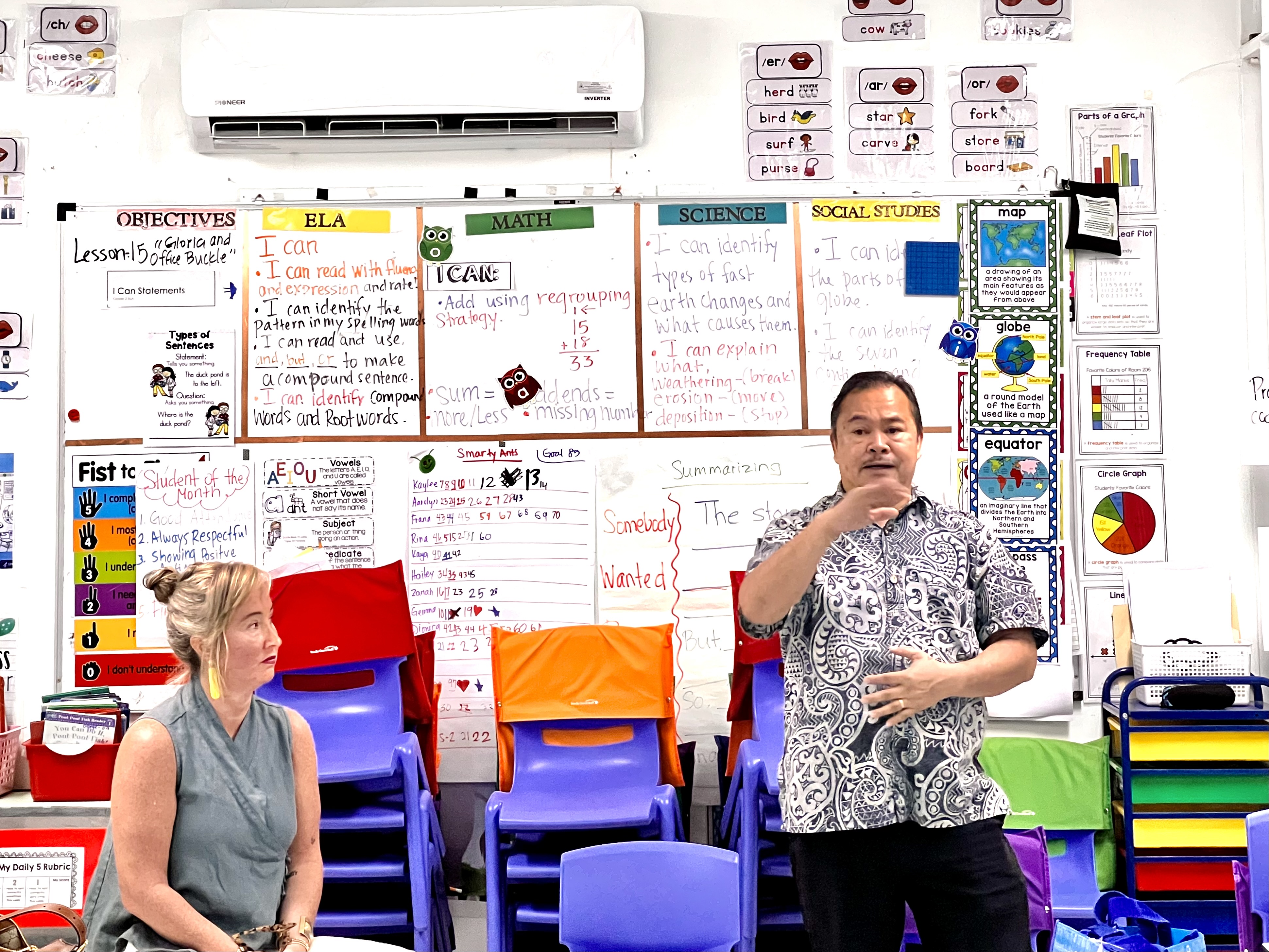 Commissioner of Education Dr. Alfred B. Ada, right, stresses a point during a professional development session as Houghton Mifflin Harcourt Vice President of International Acquisition and Success Amy Derethik listens.