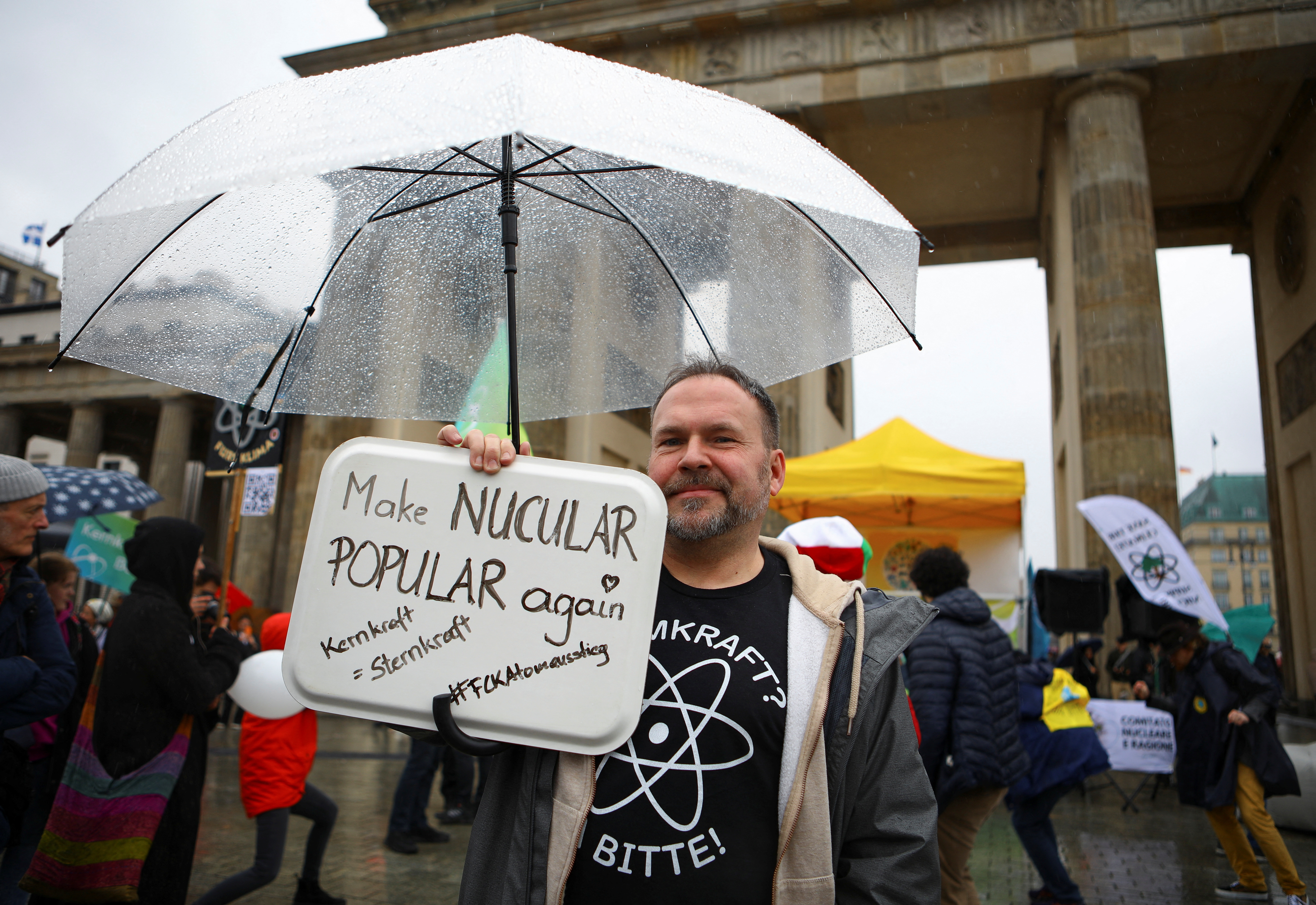 A demonstrator takes part in a protest against the shut down of the last three German nuclear power plants, in Berlin, Germany, April 15, 2023. REUTERS/Nadja Wohlleben
