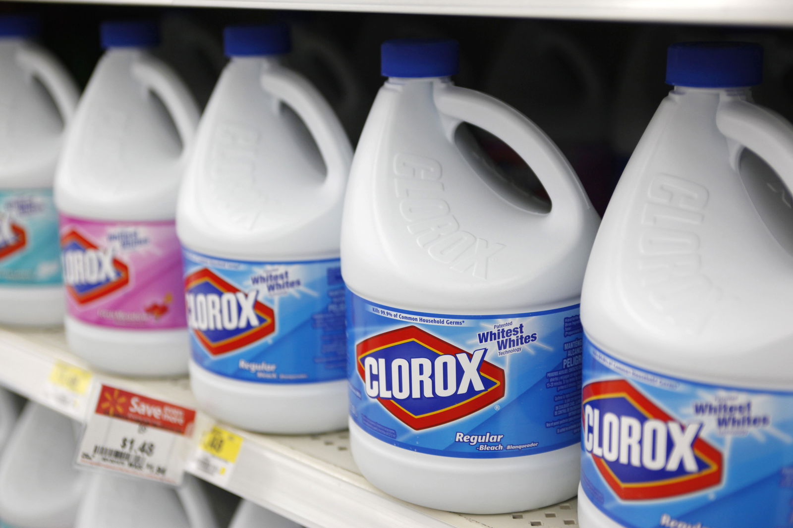 FILE PHOTO: Bottles of Clorox bleach are displayed for sale on the shelves of a Wal-Mart store in Rogers, Arkansas June 4, 2009. REUTERS/Jessica Rinaldi