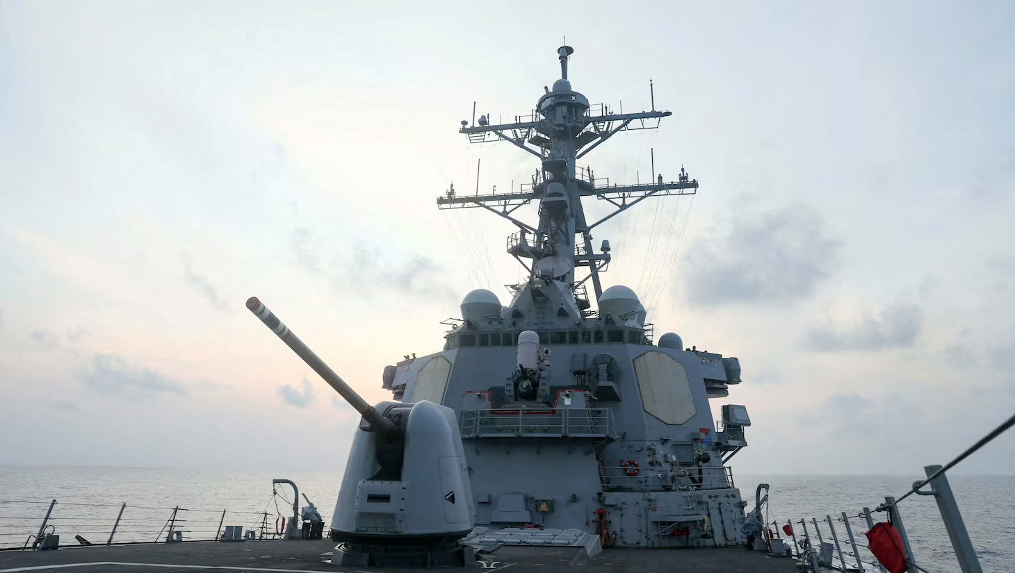 The Arleigh Burke-class guided-missile destroyer USS Milius (DDG-69), deployed to the U.S. 7th Fleet area of operations, conducts underway operations, at an undisclosed location in South China Sea, in this handout picture released on April 10, 2023. 