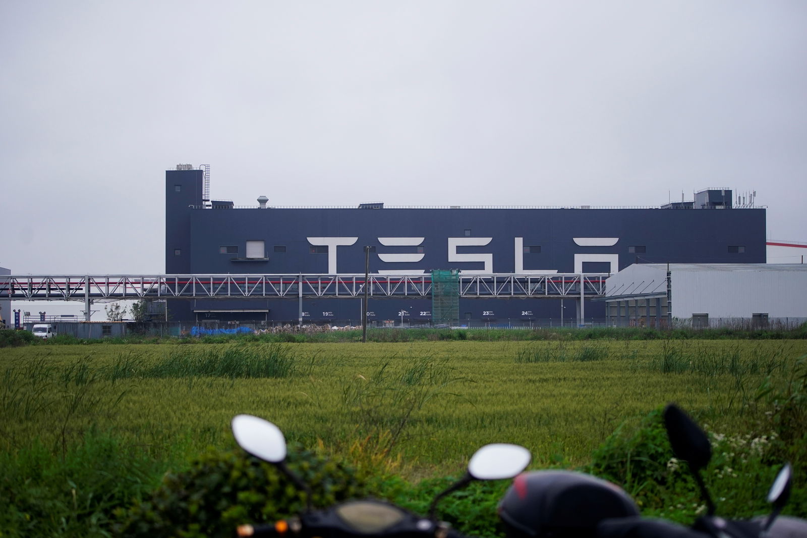 FILE PHOTO: A Tesla sign is seen at its factory in Shanghai, China, May 13, 2021. REUTERS/Aly Song