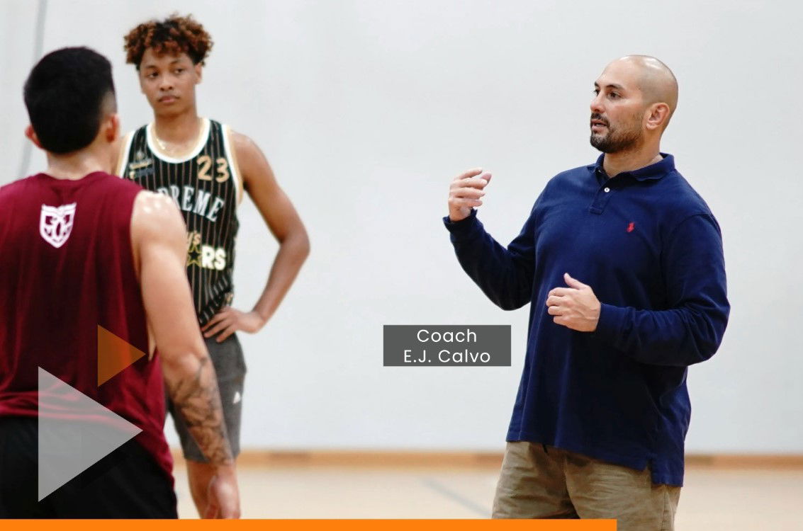 Guam Basketball Confederation President EJ Calvo, right, instructs players during a training session on Guam.