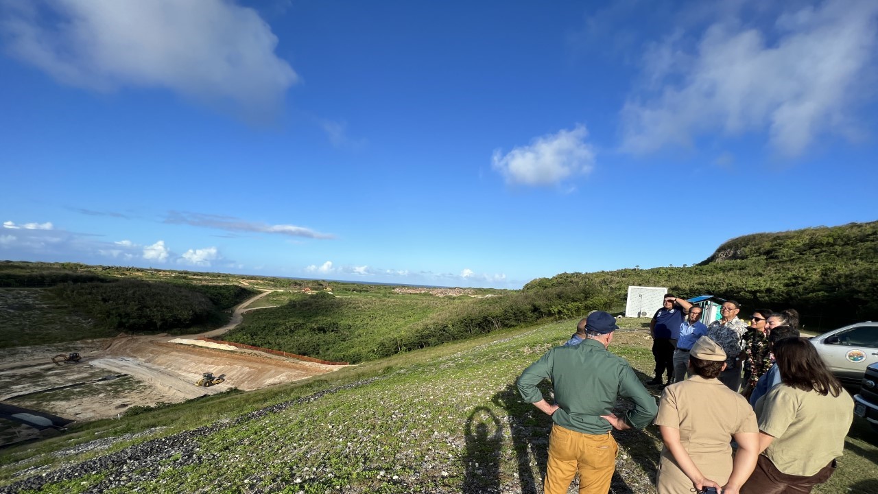 U.S. Environmental Protection Agency  Pacific Southwest Regional Administrator Martha Guzman, fourth from right, gets briefed on the progress made on the Marpi Landfill Cell 2 Rehabilitation Project during a tour of the Marpi Landfill on March 30, 2023. Also in photo are other representatives from the EPA and staff from the CNMI Bureau of Environmental and Coastal Quality, CNMI Department of Public Works, and CNMI Office of Planning and Development.