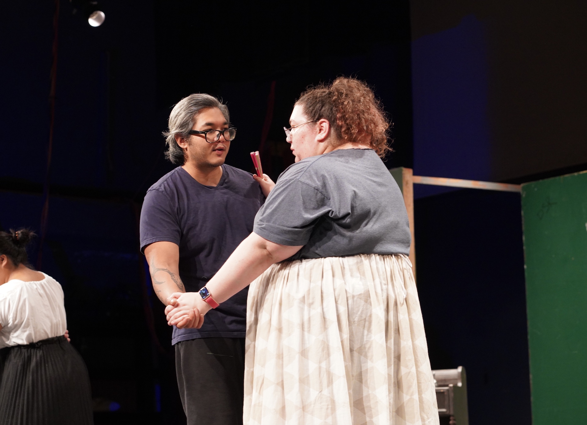 Nicolas Quinata and Ånna Prelosky rehearse as Mr. Darcy and Lizzy Bennet on April 4, 2023, at the University of Guam Fine Arts Theatre.