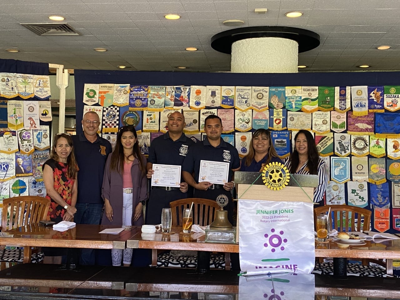 From left, Saipan Rotary Club President-elect Irene Holl, Past President Greg Borja, Club Service Director Mary Grace Bautista, Aircraft Rescue Fire Fighter I Oliver Igisaiar, Aircraft Rescue Fire Fighter II Edward Dela Cruz, Saipan Rotary Club Vice President Jessy Loomis and Secretary Joann Aquino.