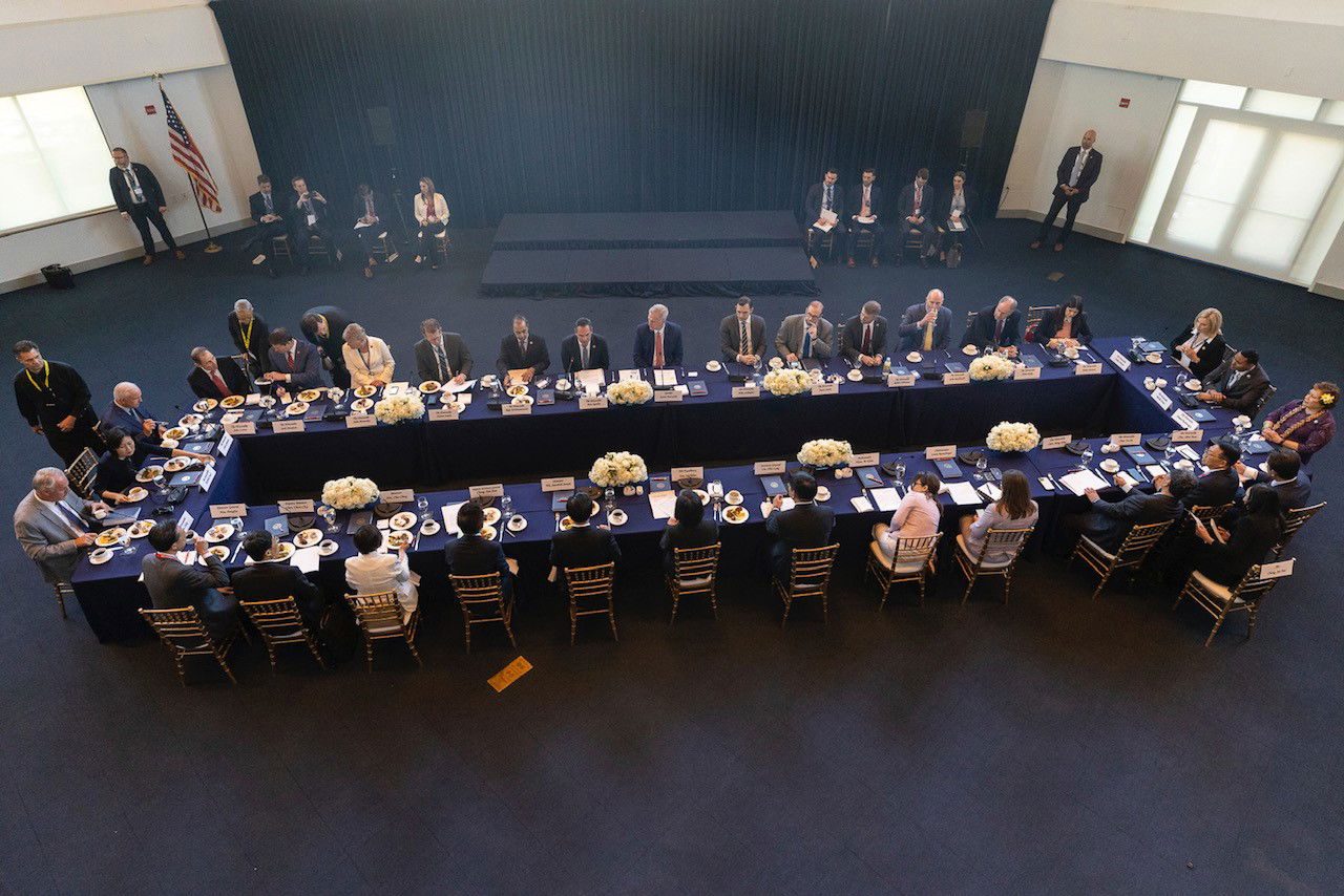 Conference table view of Taiwan President Tsa Ing-wen with members of Congress including American Samoa’s Amata, right.