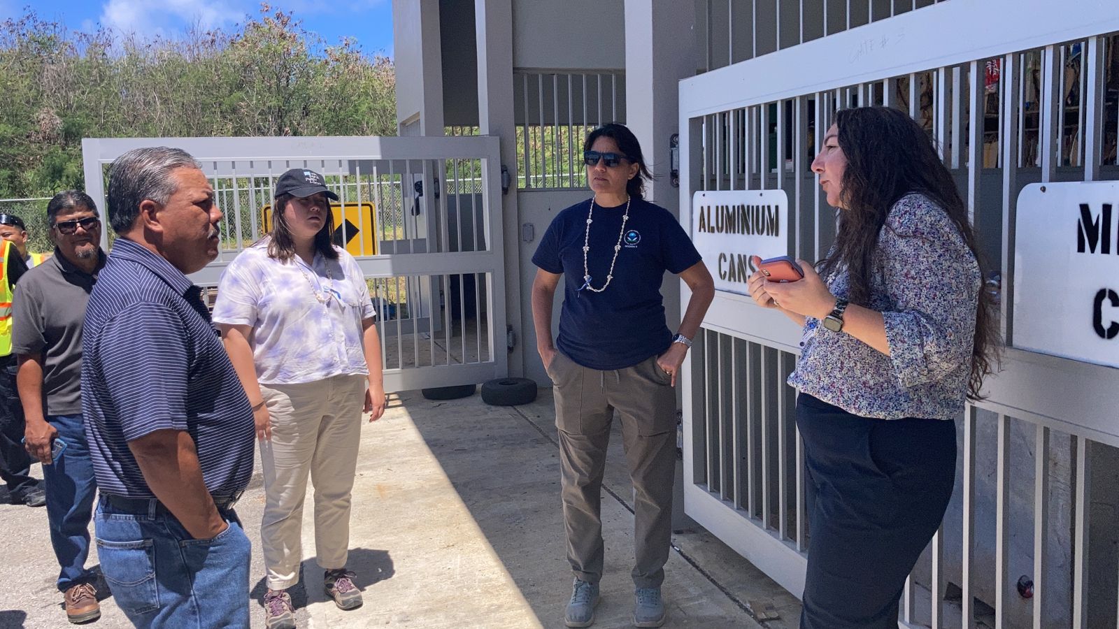 Mayor of Tinian and Aguiguan Edwin P. Aldan, second from left, speaks with U.S. Environmental Protection Agency Environmental Engineer Hallie McManus, EPA Pacific Southwest Regional Administrator Martha Guzman, and Director of the Tribal, Intergovernmental, and Policy Division for the EPA Laura Ebbert about the current state of the Transfer Station and Recycling Center on Tinian during a visit to Tinian by the EPA on March 31, 2023.