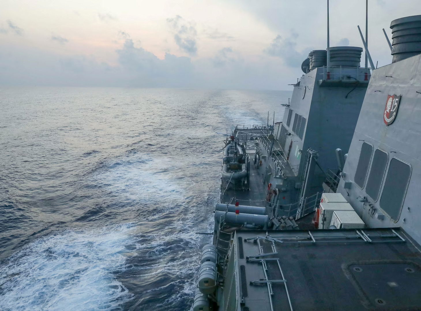 The Arleigh Burke-class guided-missile destroyer USS Milius (DDG-69), deployed to the U.S. 7th Fleet area of operations, conducts underway operations, at an undisclosed location in South China Sea, in this handout picture released on April 10, 2023. 