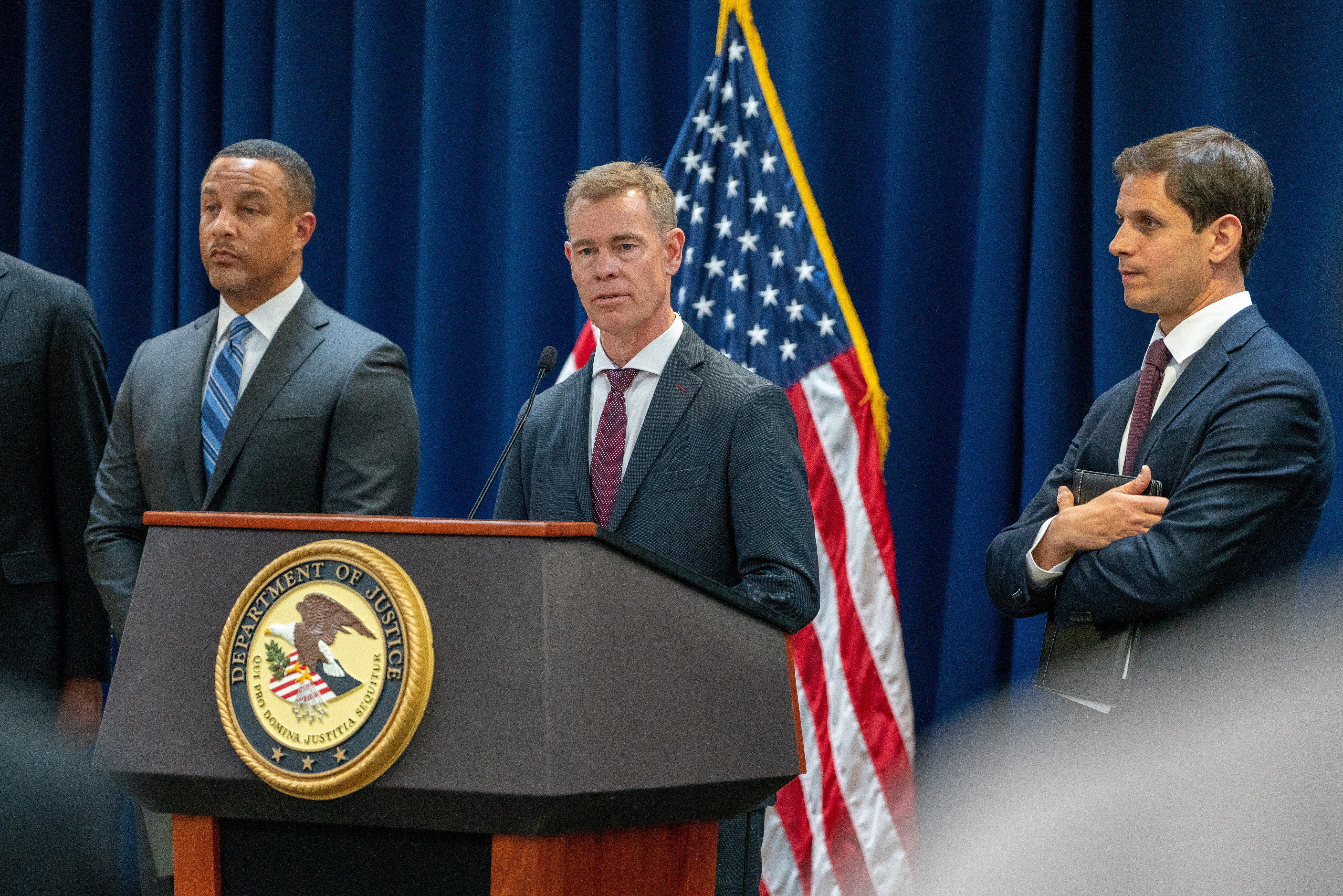 David Sundberg, the Assistant Director in Charge at Federal Bureau of Investigation, speaks during a news conference held by the Department of Justice, to announce the arrests and charges against multiple individuals connected to the Chinese government for crimes violating the sovereignty of the United States, in New York City, U.S April 17, 2023. REUTERS/David 'Dee' Delgado