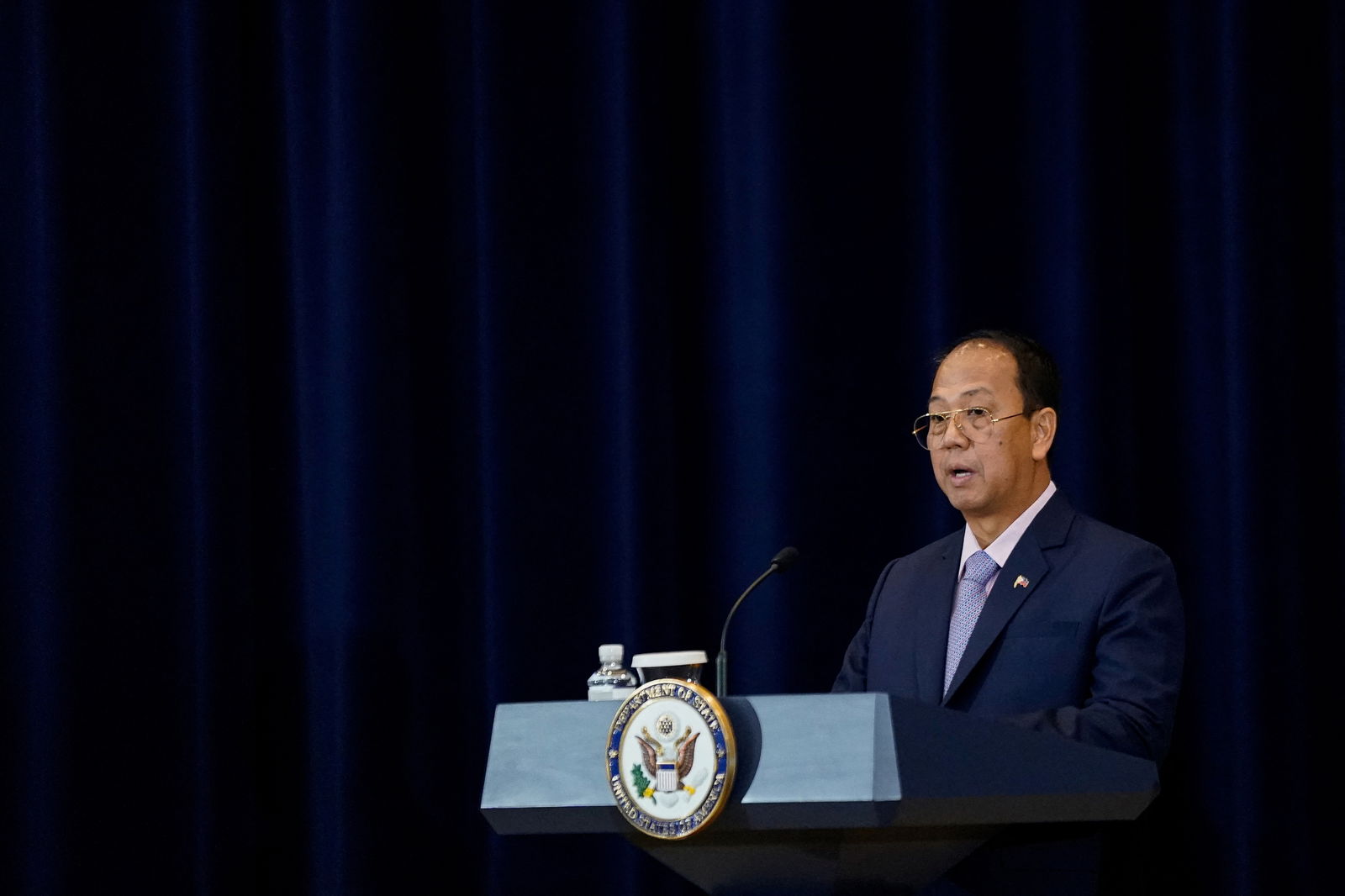 Philippine Defense Chief Carlito Galvez Jr. speaks during a joint press availability at the State Department with Philippine Secretary of Foreign Affairs Enrique Manalo, U.S. Secretary of State Antony Blinken and U.S. Defense Secretary Lloyd Austin, in Washington, U.S., April 11, 2023. REUTERS/Elizabeth Frantz