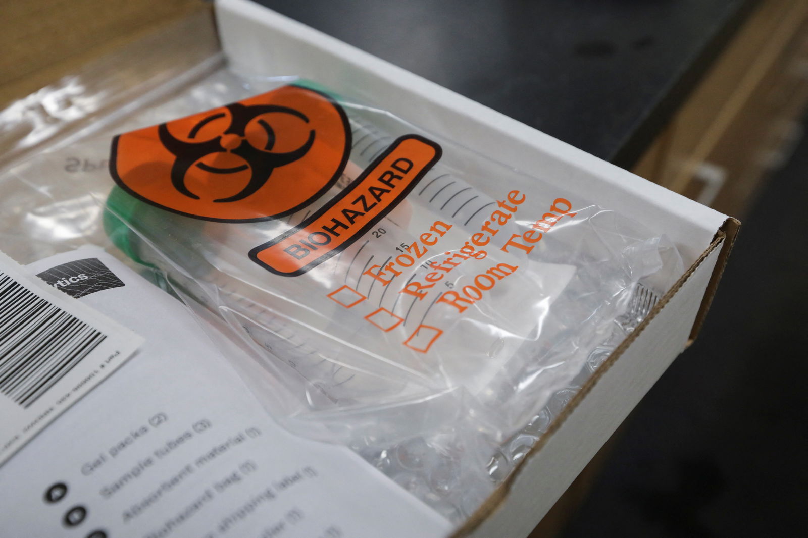 A bag containing a vial for a wastewater sample, to be sent to Biobot Analytics, is seen at the Central Marin Sanitation Agency facility in San Rafael, California, March 29, 2023.