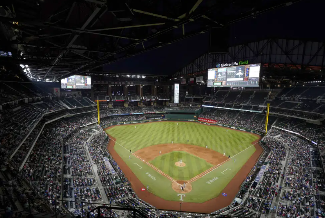 The Kansas City Royals and the Texas Rangers play in the sixth inning of a baseball game at Globe Life Field, Tuesday, April 11, 2023, in Arlington, Texas.