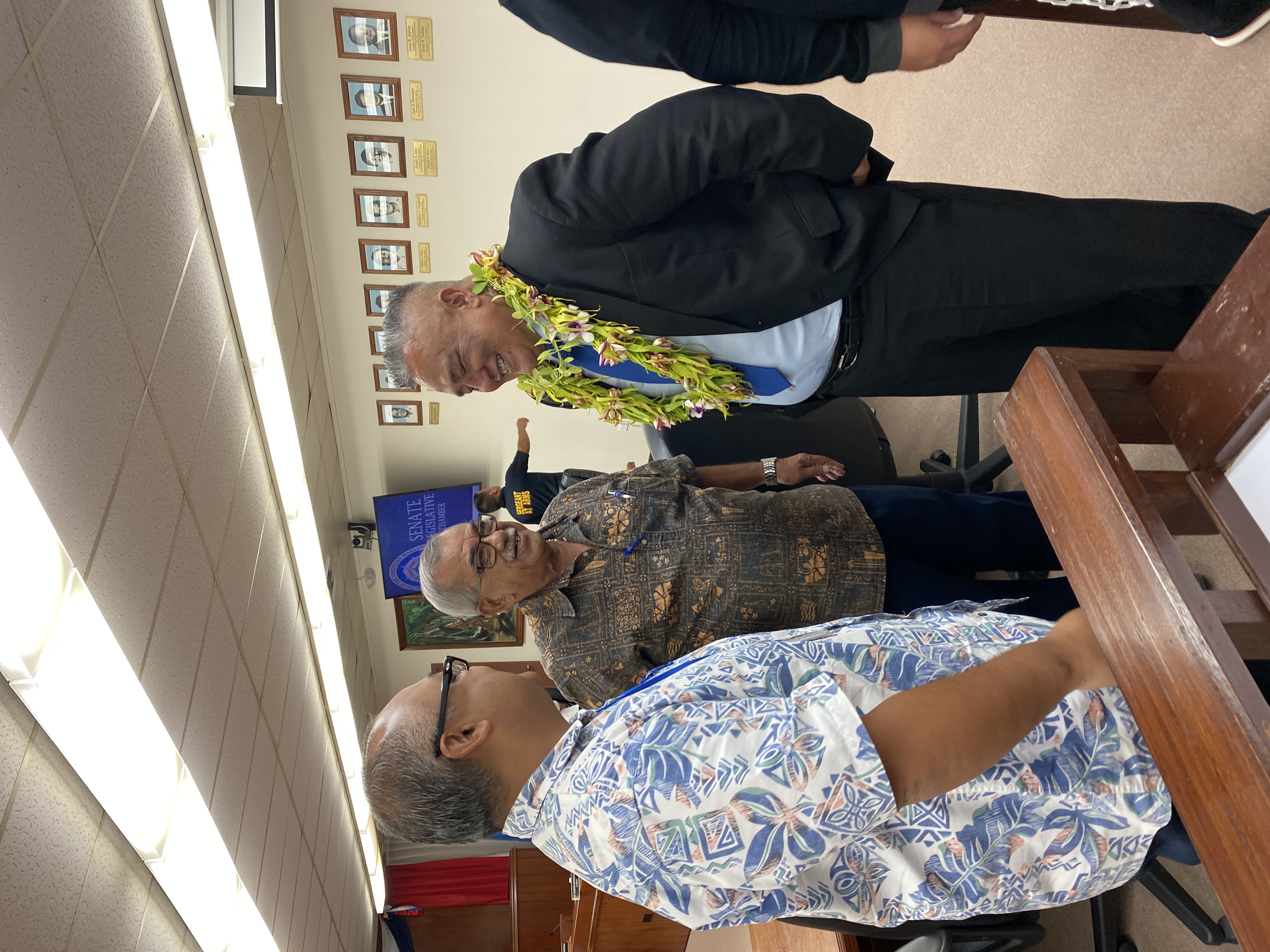 CNMI Cannabis Commission nominee Jose B. Palacios, right, with the governor’s special assistant for administration, Oscar M. Babauta, center, and Rep. BJ Attao in the Senate chamber on Monday.