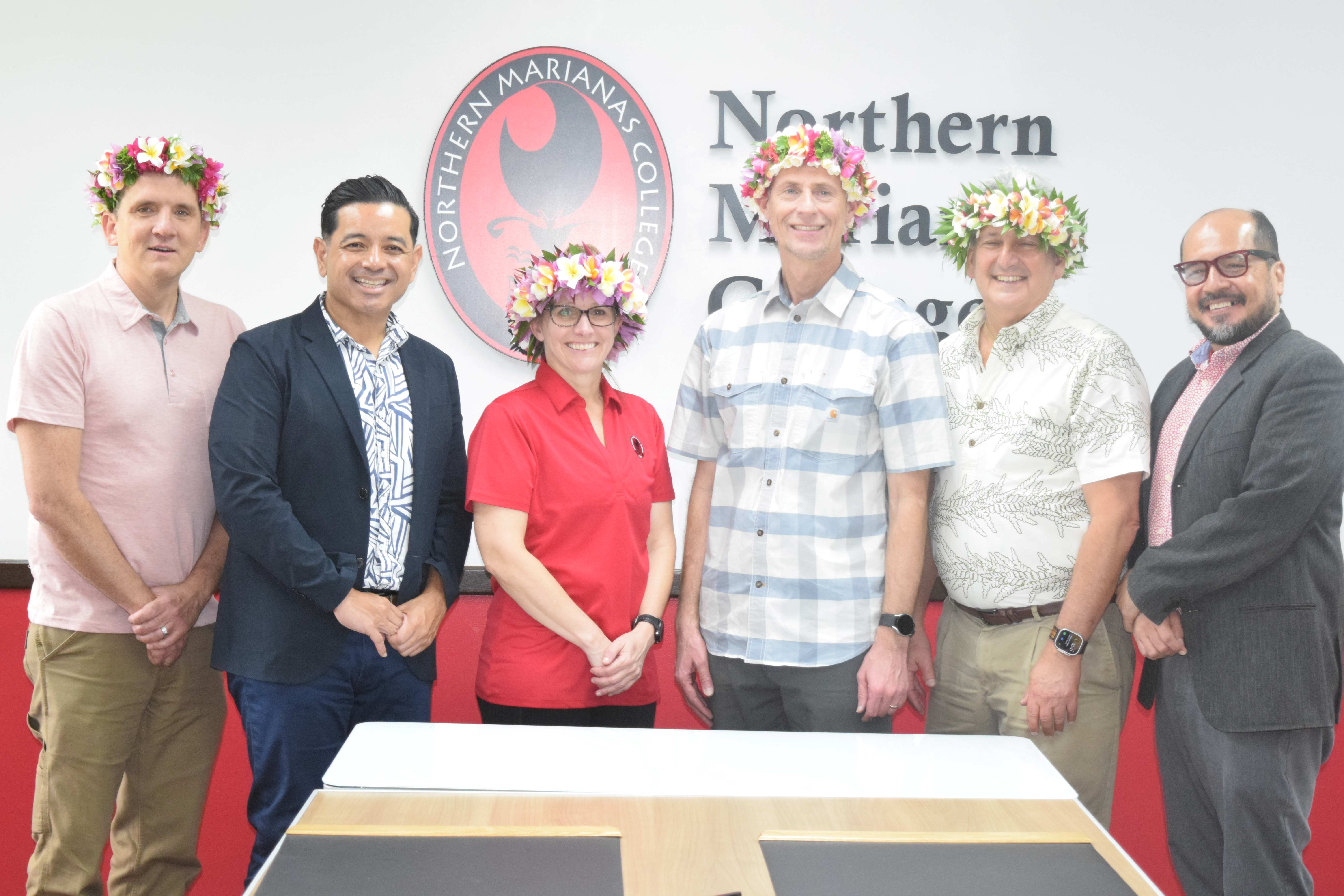 From left, Western Interstate Commission for Higher Education Vice President Patrick Lane, Northern Marianas College Vice President for Administration and Advancement Frankie Eliptico, WICHE President Demaree Michelau, WICHE Chair Matt Freeman, WICHE Immediate Past Chair David Lassner and NMC President Galvin Deleon Guerrero, Ed.D. pose for a photo after the press conference in the NMC Board of Regents conference room on Monday.
