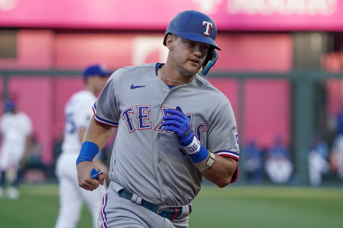 Texas Rangers third baseman Josh Jung (6) runs the bases after hitting a three run home run against the Kansas City Royals in the first inning at Kauffman Stadium in Kansas City, Missouri, April 17, 2023.