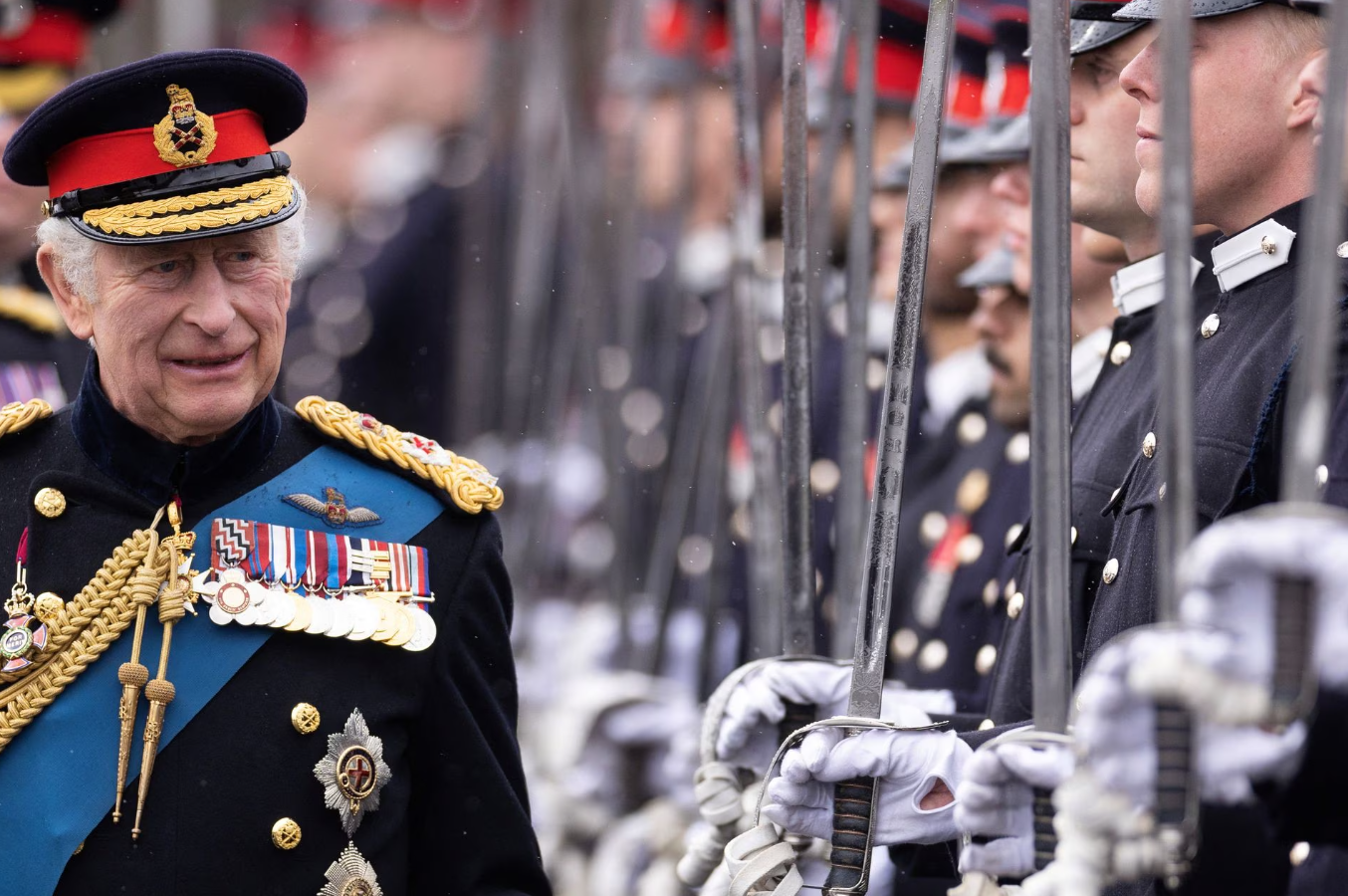 King Charles III inspects the 200th Sovereign's parade at Royal Military Academy Sandhurst on April 14, 2023 in Camberley, England.
